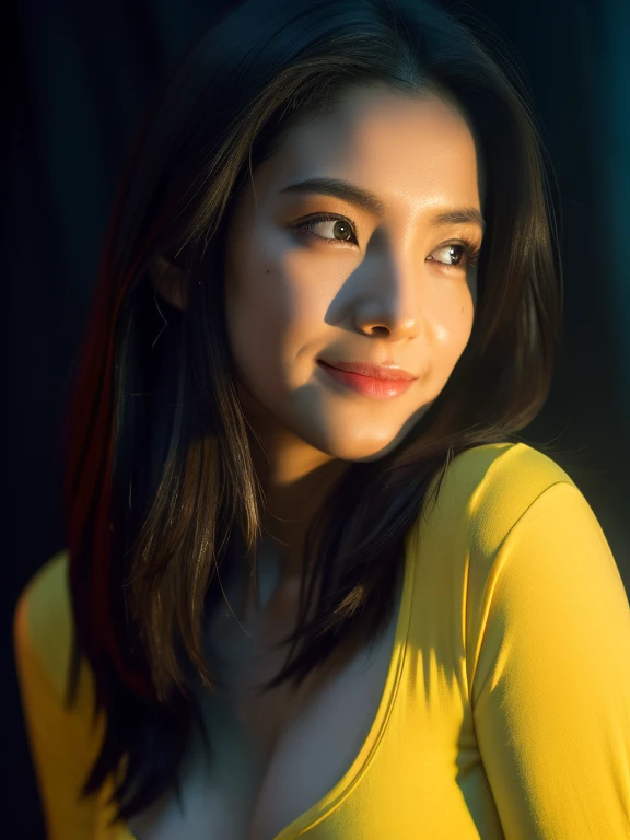 highest quality, epic realistic, ((in the pitch black darkness :1.4)), ((portrait:1.5)),(background: dark ) high contrast ,glorious picture, lowest lux, lighting face, she's comfortable, wearing nothing, looks incredible, (8k, Raw photo, Highest quality),(epic realistic:1.5), a woman, face,(detailed eyes:0.8),(looking at the camera:1.4), (Highest quality), ( high contrast, deep shadows),Intricate details,cinematic,((skin:1.4)), (long dark hair:1.3), long hair, messy ,(Hdr:1.5),Detailed, colors, Superior quality, Masterpiece, Raw Photo (20-year-old, looking at viewer), beautiful, (wearing plain yellow shirt,), perfect, natural, perfect composition, portrait, perfect face, smiling expression, Captivating eyes, Bright details, Tight lips, (High Skin Detail),, (blue tint: 0.6), (sale: 0.8), (bloody: 0.7), Key lighting , (backlight: 0.5), Medium depth of field, Canon 5d, 50mm lens, f/4 apertures, (Ultra-detailed, Complex detail), sharp focus, soft colors, 8k, Absurd, 80mm, dark background, photography, smiling,medium boobs, open buttons, deep cleavage,