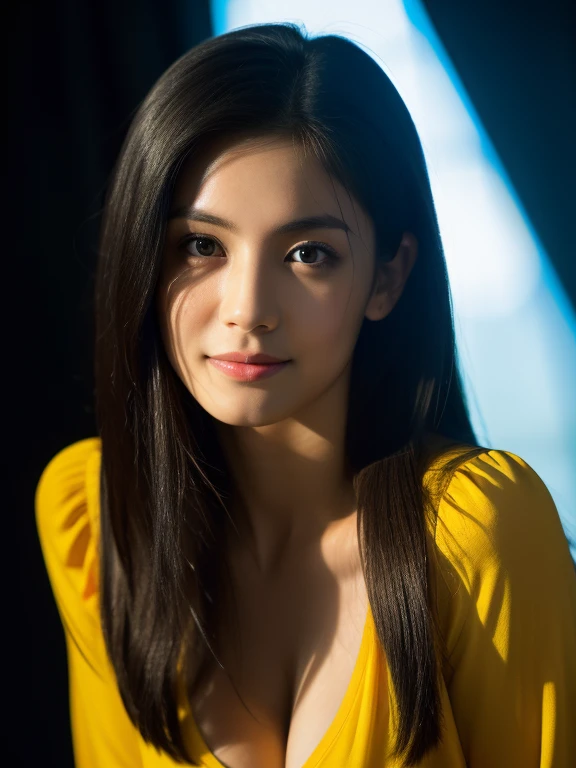 highest quality, epic realistic, ((in the pitch black darkness :1.4)), ((portrait:1.5)),(background: dark ) high contrast ,glorious picture, lowest lux, lighting face, she's comfortable, wearing nothing, looks incredible, (8k, Raw photo, Highest quality),(epic realistic:1.5), a woman, face,(detailed eyes:0.8),(looking at the camera:1.4), (Highest quality), ( high contrast, deep shadows),Intricate details,cinematic,((skin:1.4)), (long dark hair:1.3), long hair, messy ,(Hdr:1.5),Detailed, colors, Superior quality, Masterpiece, Raw Photo (20-year-old, looking at viewer), beautiful, (wearing plain yellow shirt,), perfect, natural, perfect composition, portrait, perfect face, smiling expression, Captivating eyes, Bright details, Tight lips, (High Skin Detail),, (blue tint: 0.6), (sale: 0.8), (bloody: 0.7), Key lighting , (backlight: 0.5), Medium depth of field, Canon 5d, 50mm lens, f/4 apertures, (Ultra-detailed, Complex detail), sharp focus, soft colors, 8k, Absurd, 80mm, dark background, photography, smiling,medium boobs, open buttons, deep cleavage,