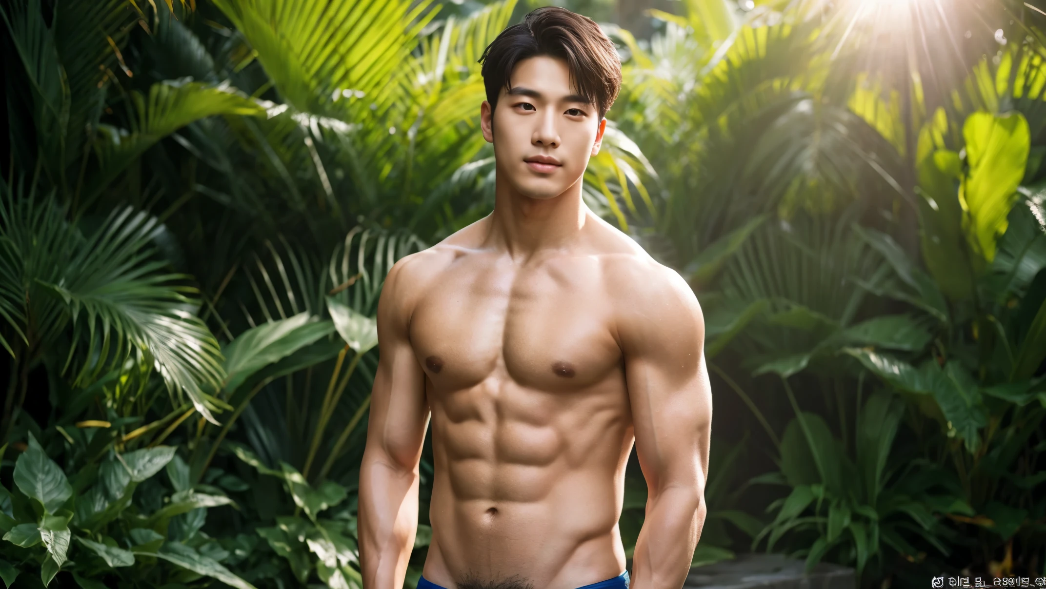 In the captivating image lies a Korean handsome guy, radiating charisma as he proudly showcases his slightly muscular build in a full-bodied stand-up pose. Wearing a sexy bikini that accentuates his physique, he stands amidst the outdoor environment, bathed in the golden light of a beautiful day.
With an unrivaled attention to detail, this photorealistic portrait embodies the National Geographic style, capturing every nuance of his textured skin in 8k resolution. His features emerge in pristine clarity, from the deep-set eyes to the chiseled jawline, making this image a true masterpiece.
The lif