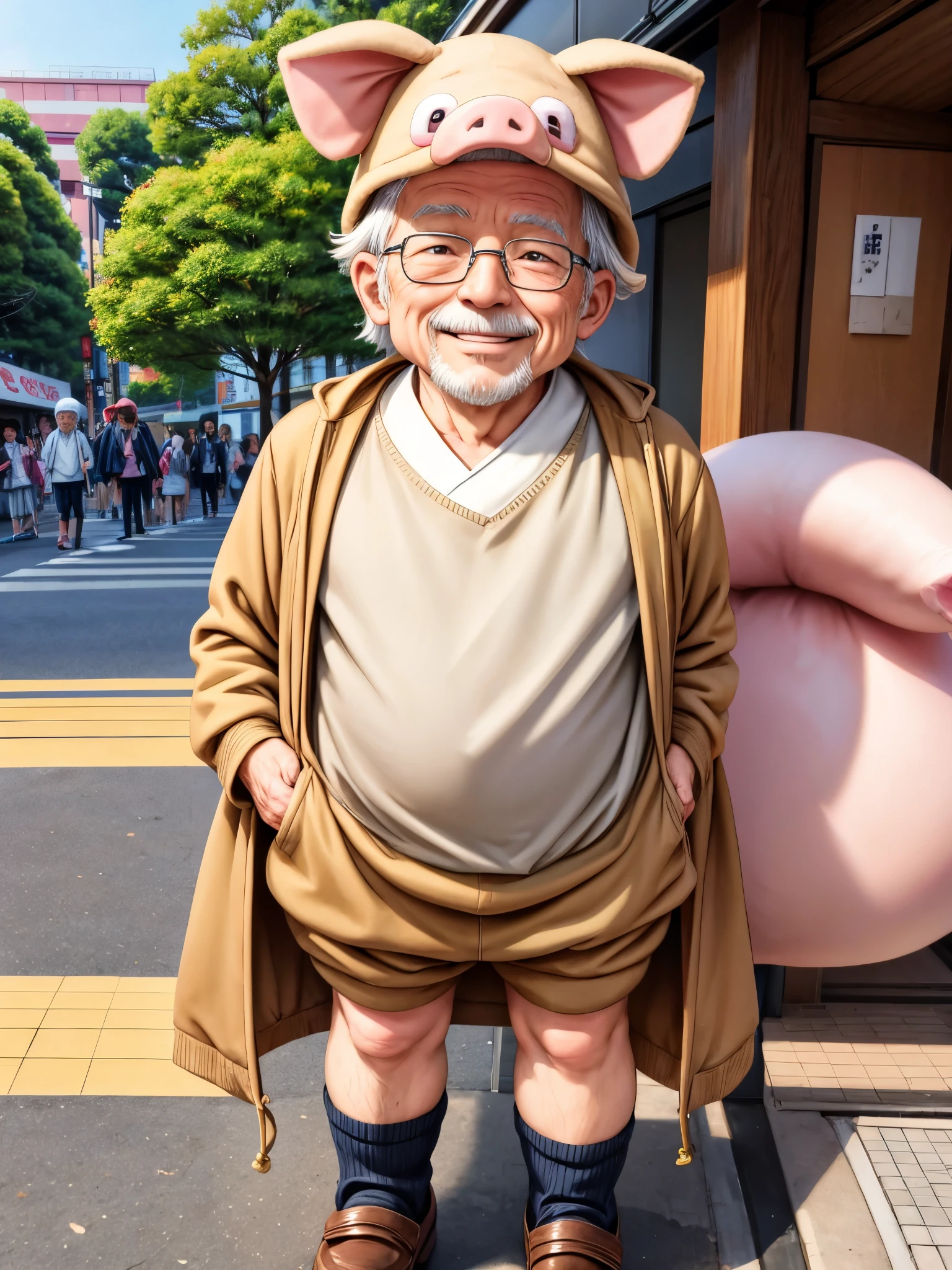 anime illustration、High resolution、An old man wearing a pig costume、Smiled look、Tokyo Harajuku