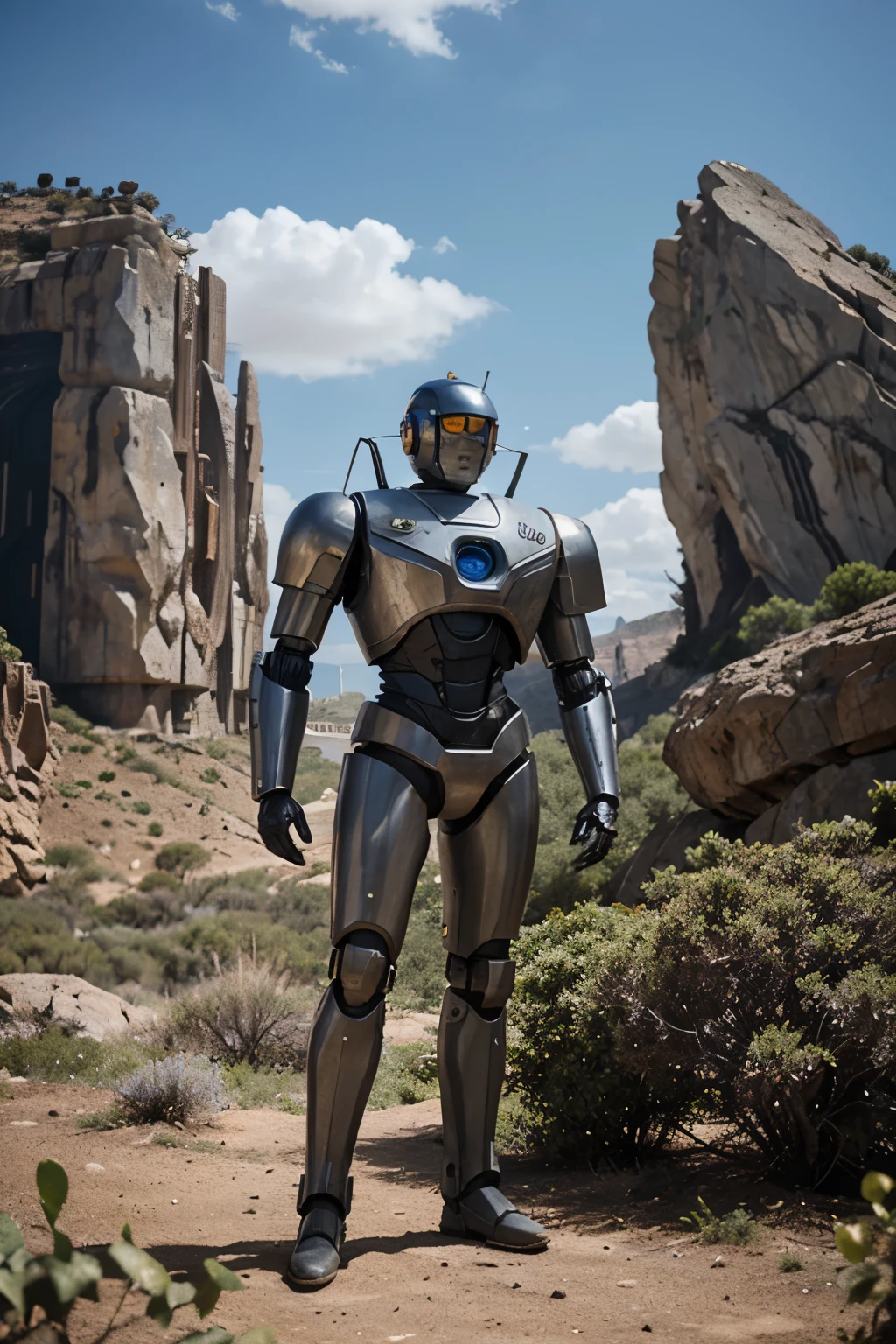 Robot from a science fiction series from the 1960s in the setting of a planet with sky, plants and rocks.