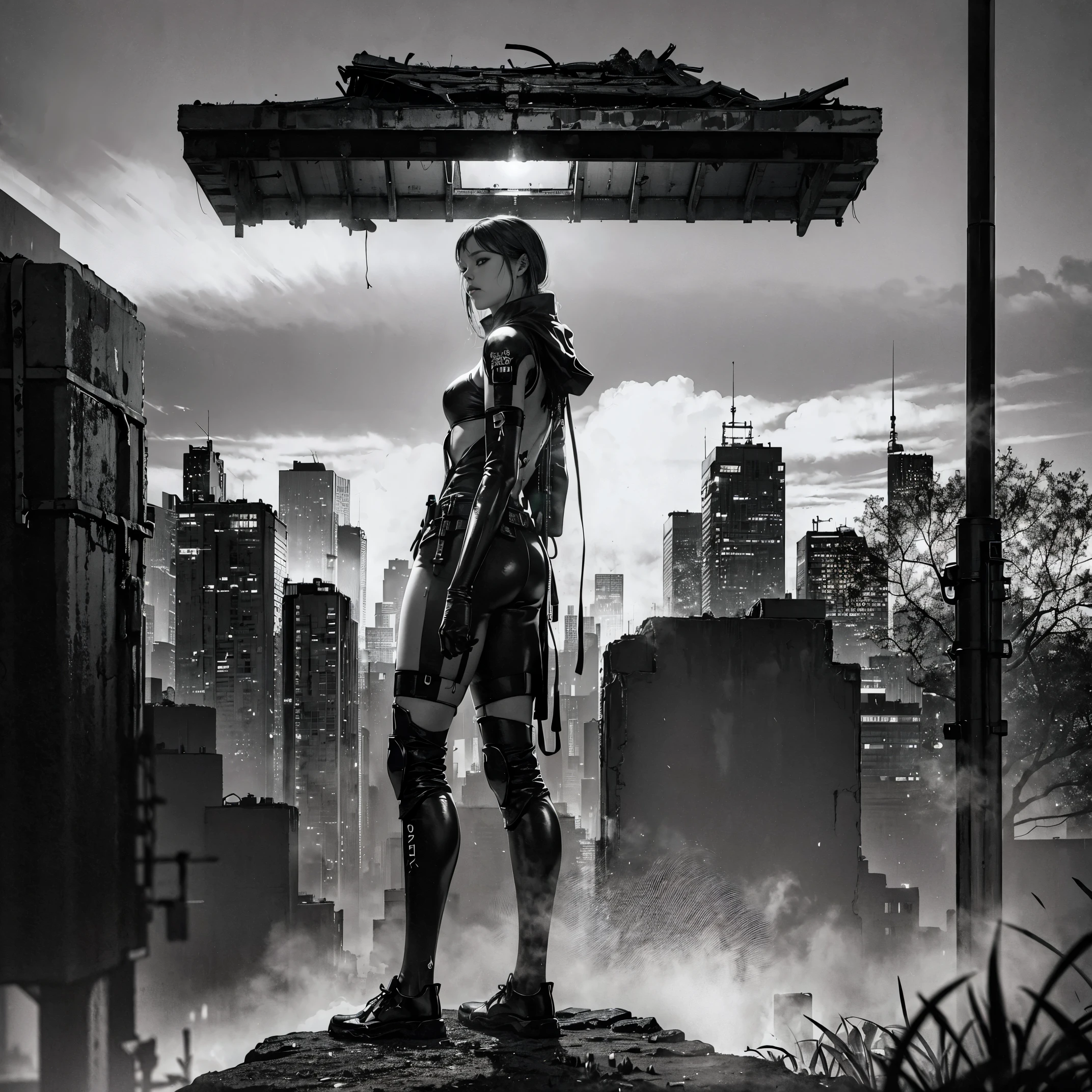 best quality,4k,8k,highres,masterpiece:1.2,ultra-detailed,realistic:1.37,post-apocalyptic manga city scenery,cyberpunk art style,dystopian future,desolate ruins,grim atmosphere,dilapidated buildings,overgrown vegetation,crumbling infrastructure,dark and moody lighting,abandoned vehicles,lonely streets,ominous skies,neon lights,glowing holograms,fallen billboards,destroyed landmarks,mysterious figures in the shadows,hauntingly beautiful,unforgettable imagery,emotional impact,detailed backgrounds,action-packed scenes,majestic cityscape,impressive architectural design,expressive characters,imposing mecha,explosions and smoke,futuristic technology,visually stunning,rich color palette,vivid hues,contrasting shades,sharp contrasts,emphasis on depth and perspective,cinematic composition,intricate line work,meticulous attention to detail,eye-catching visuals,immersive visualization,a captivating story unfolding through images.