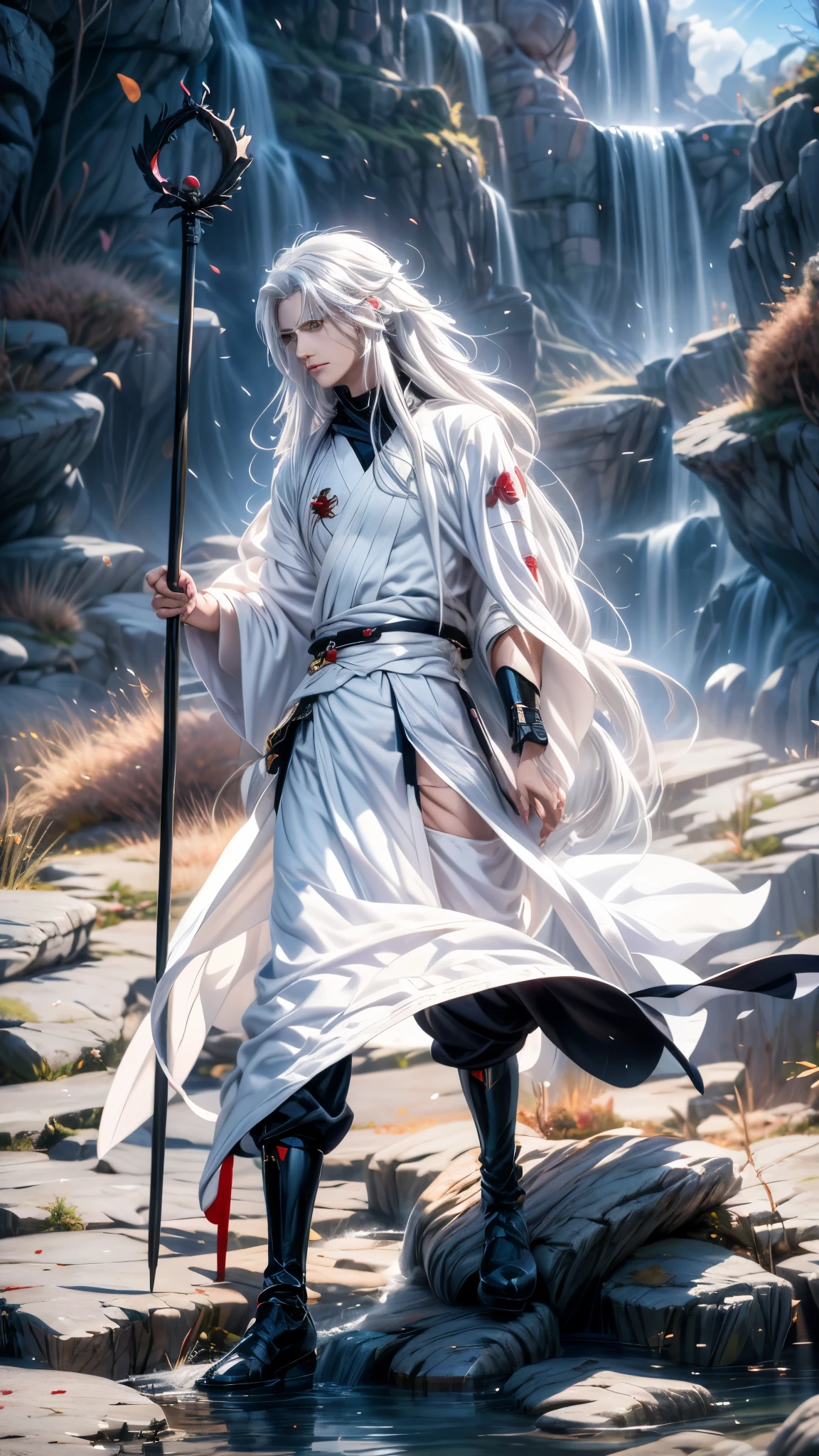 anime character uchiha madara with long white hair and a staff in a rocky area, white haired deity, best anime 4k konachan wallpaper, fanart best artstation, 4 k manga wallpaper, flowing hair and long robes, with long white hair, badass anime 8 k, flowing white robes, anime art wallpaper 8 k, 4k anime wallpaper, anime art wallpaper 4 k