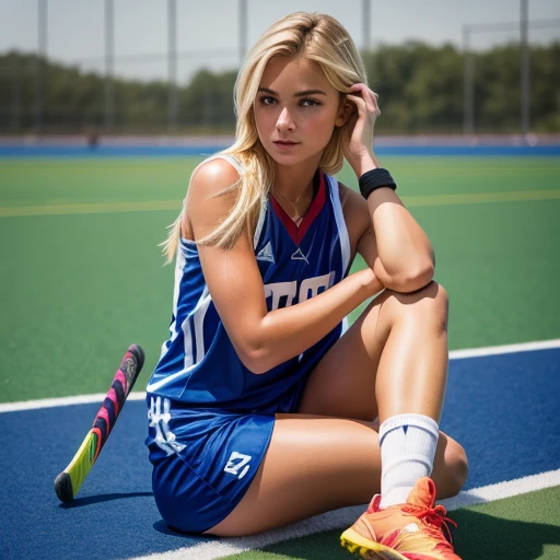 1girl, blonde hair, fieldhockey, masterpiece, ultra-detailed, best quality, fullbody, realistic, perfect face