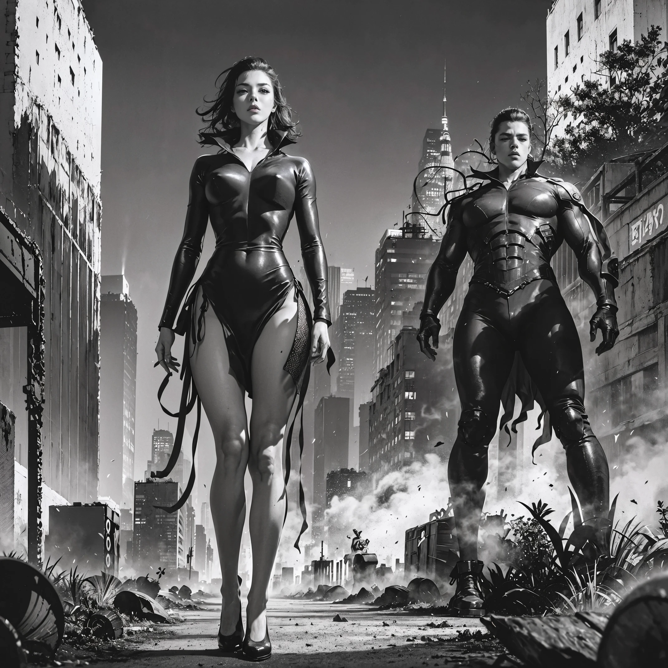 best quality,4k,8k,highres,masterpiece:1.2,ultra-detailed,realistic:1.37,post-apocalyptic manga city scenery,cyberpunk art style,dystopian future,desolate ruins,grim atmosphere,dilapidated buildings,overgrown vegetation,crumbling infrastructure,dark and moody lighting,abandoned vehicles,lonely streets,ominous skies,neon lights,glowing holograms,fallen billboards,destroyed landmarks,mysterious figures in the shadows,hauntingly beautiful,unforgettable imagery,emotional impact,detailed backgrounds,action-packed scenes,majestic cityscape,impressive architectural design,expressive characters,imposing mecha,explosions and smoke,futuristic technology,visually stunning,rich color palette,vivid hues,contrasting shades,sharp contrasts,emphasis on depth and perspective,cinematic composition,intricate line work,meticulous attention to detail,eye-catching visuals,immersive visualization,a captivating story unfolding through images.
