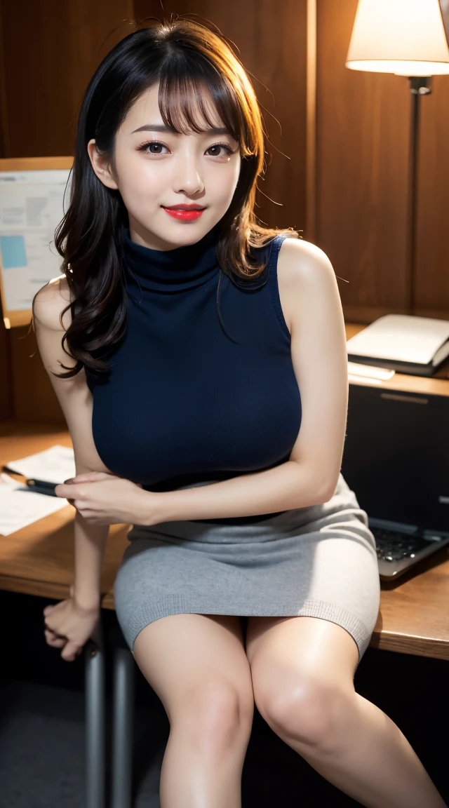 (((乳首の形がわかる少し透けたニット))), (((オフィスレディ、OL、office lady、formal clothes,navy knit、high neck knit、thin knit)))、(((horseshoe-shaped hairband)))、formal ,vivid color panty,high heel、(((full body,including legs)))、Dressed up、(Photo real:1.4)、(A hyper-realistic:1.4)、(Photorealistic:1.3)、 (gentle lighting: 1.05)、(Improve the lighting quality of your video:0.9)、32k、 1Girl、28years old girl、photorealistic lighting、Back lighting、Facial Lights、Ray Trace、(bright:1.2)、(Increase quality:1.4)、 (best quality real texture skin)、Fair eyes,Delicate and delicate face, Close-up of the face, navy knit,very tight knit ,high neck knit,sleeveless knit,no-sleeve knit,navy pencil skirt ,navy tight skirt, (Bodyline mood improvement:1.1)、Glossy skin、wavy hair,韓国アイドル、乃木坂アイドル、Sculptural Idol Pose、little smile,blush,Beautiful actress、Neat woman,whole body, (((large breasts))),(perfect row of teeth),slender waist and hip,beautiful long legull shot)、((8heads tall)、(((誘惑している、恥ずかしい)))、dynamic pose,gravure pose,(eye shadow),((red cheek、red lips)),Super Clean Night View、night time、blush,little smile,(((full shot)))、a little open the legs apart、sitting down on the desk、oblique angle,(((in the luxury night office)))