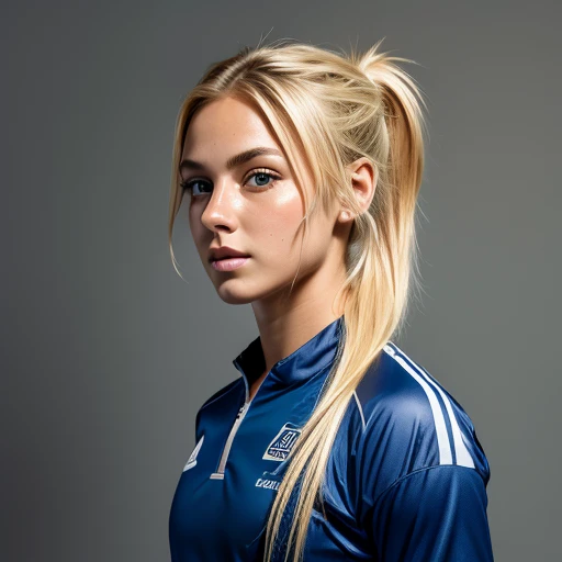 1girl, blonde hair, fieldhockey, masterpiece, ultra-detailed, best quality, fullbody, realistic, perfect face,perfect body,ponytail