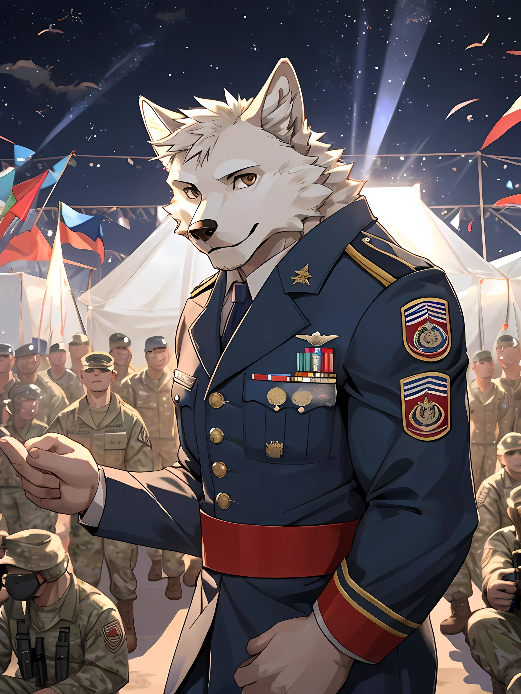 white wolf,dark brown eyes,Bouncing body,wearing usmc dress blues alphas 2.0,Looking straight at the viewer,Face the audience.,Behind is a military camp.