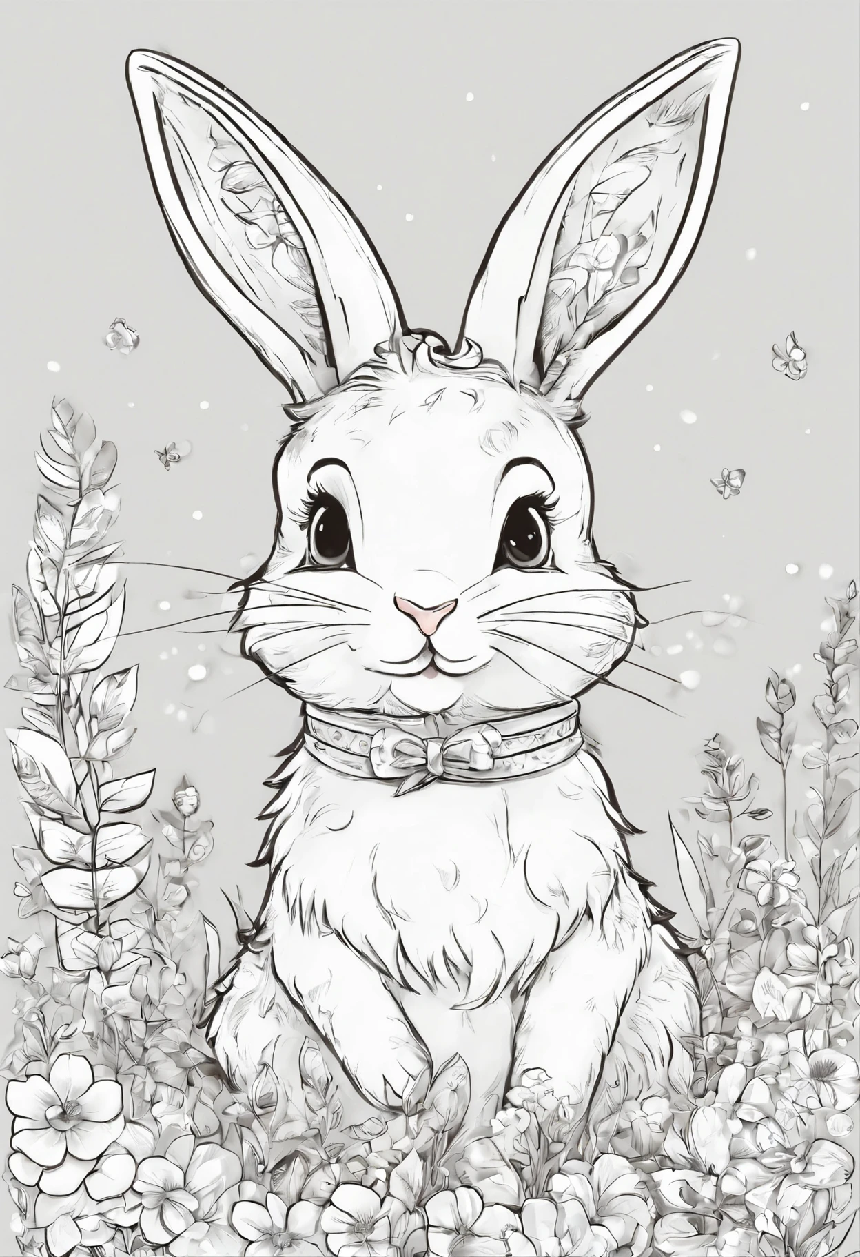 dibujo en blanco y negro para colorear, un conejo en la hierba