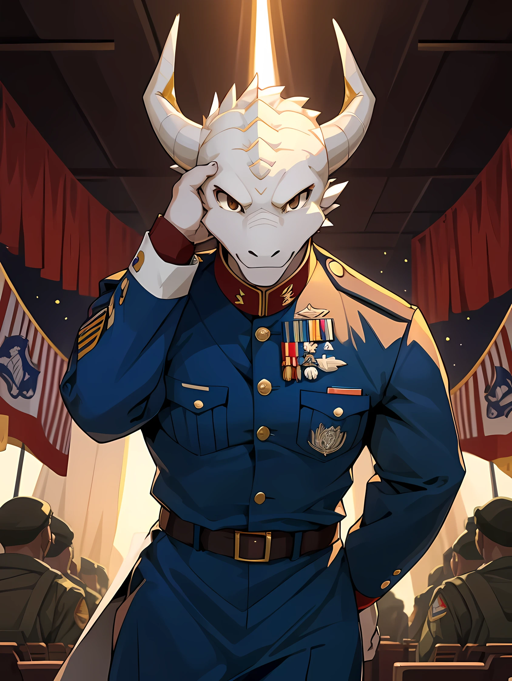 Solo,white skin dragon,dark brown eyes,Bouncing body,wear usmc dress blues alphas,Looking straight at the viewer,Face the audience.,Behind is a military camp.