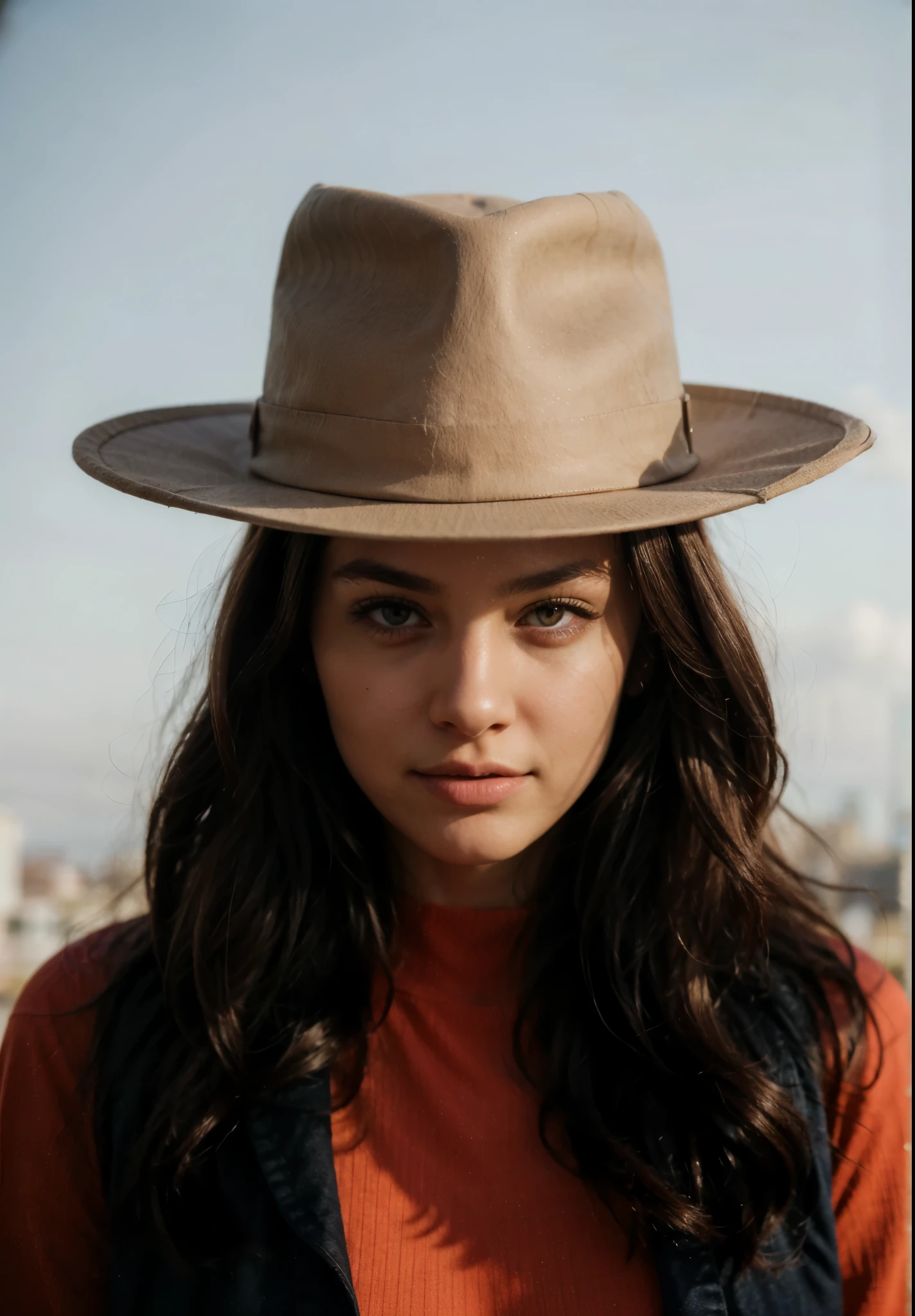 beautiful woman ,30 years old, dark bown eyes, dark brown hair, standing on a square infront of a church in mexico, wearing black jeans black tshirt nad white jeansjacket, wearing black hat, perfect face, one beautiful woman, oval face, senseful lips, big brown eyes, 30 years old, slim sporty body, middle size breast, front view, wide angle, no text, sunny weather, backgorund blurred, sefie shot, cinematic lighting, motion blur, film grain, very detailed, 30 years, natural wave hair, dark brown eyes, high-res, masterpiece, best quality, intricate details, highly detailed, sharp focus, detailed skin, realistic skin texture, texture, detailed eyes, professional, 4k, 85mm, shallow depth of field, kodak color vision, perfect fit body, extremely detailed, photo_\(ultra\), photorealistic, realistic, post-processing, maximum detail, roughness, real life, ultra realistic, photorealism, photography, 8k uhd, photography (grain of film) medium shot for closeup shot, long oval beautiful face, dark brown eyes, slim face, charming flirty look