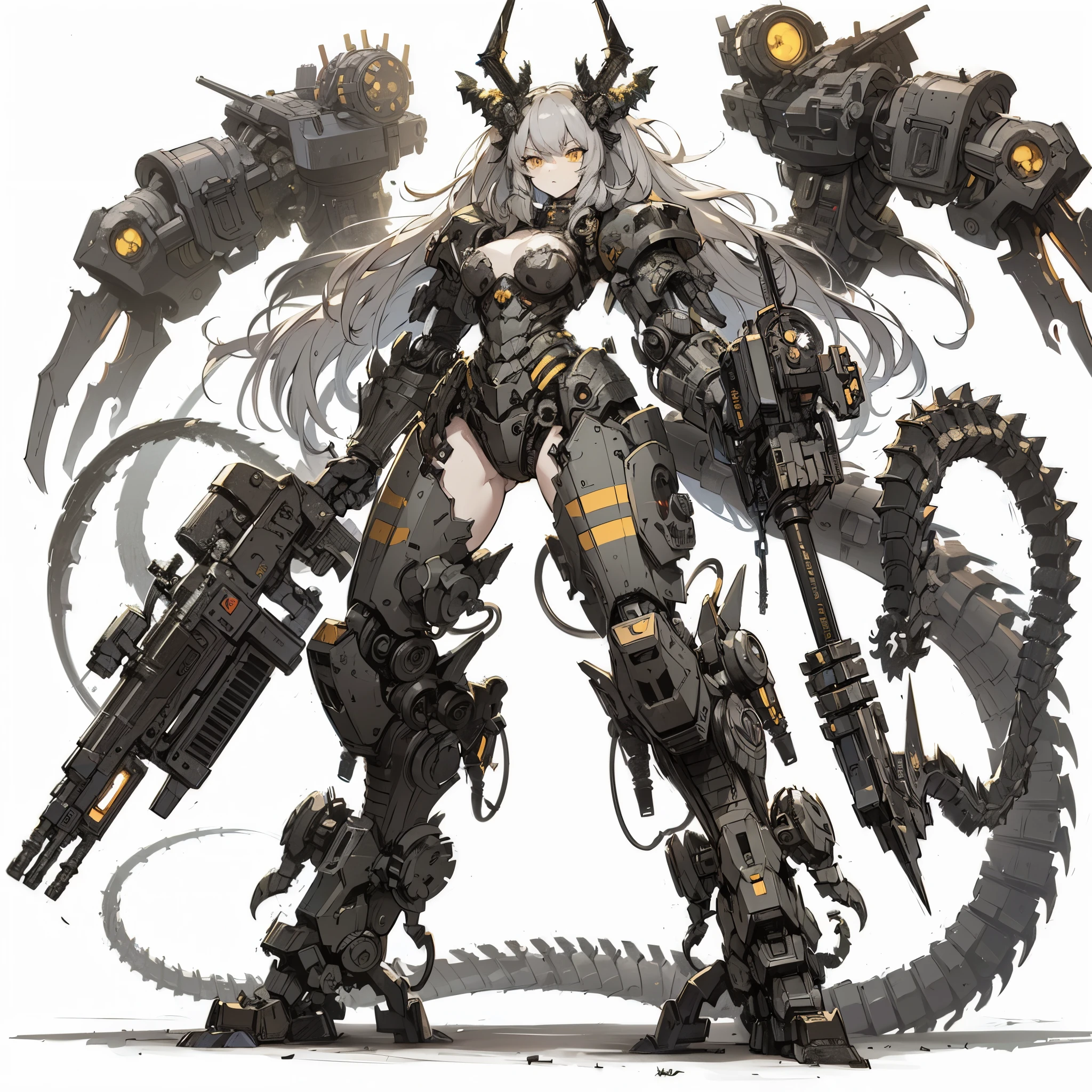 Masterpiece, best quality, ultra-detailed, anime style, full body of Chaos mechanized Demon girl, Mechanized limbs, heavy weapons mounted on arms, gray steel-colored power armor, yellow stripes, strong claw and tail, Warhammer 40K, 8k high resolution, trending art station, white background, whole body,
