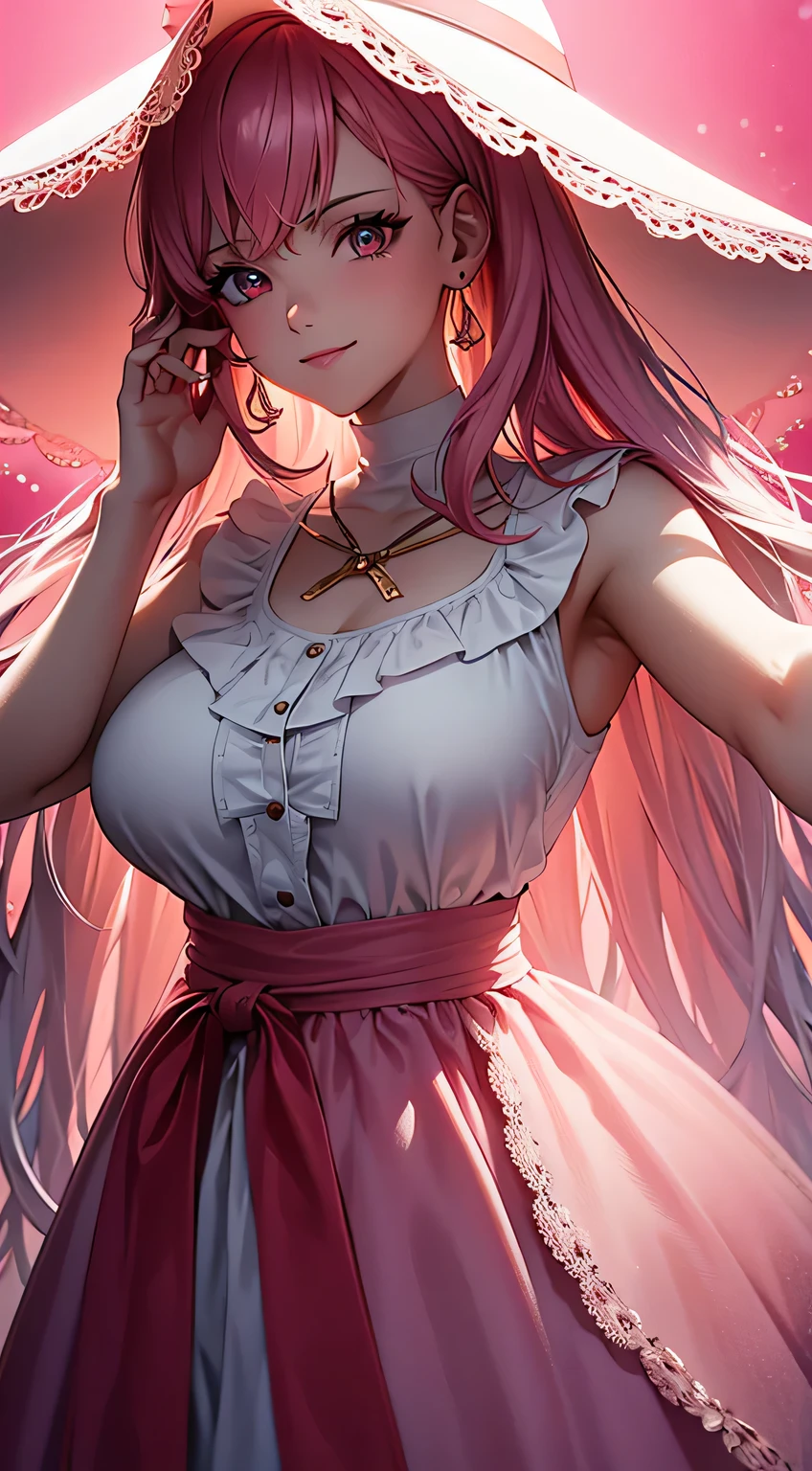 (best quality:1.5, highres, UHD, 4K, detailed lighting, shaders), white wavy hair, gradient hair, large breasts, pink shirt, pink skirt jeans, mature woman , pink Witcher hat, (pov), white background, colorful red eyeshadow, dramatic lighting, smile eyepression, golden earrings, flowing hair, delicate facial features, soft skin, high cheekbones, white background, stand up, lean forward, full body