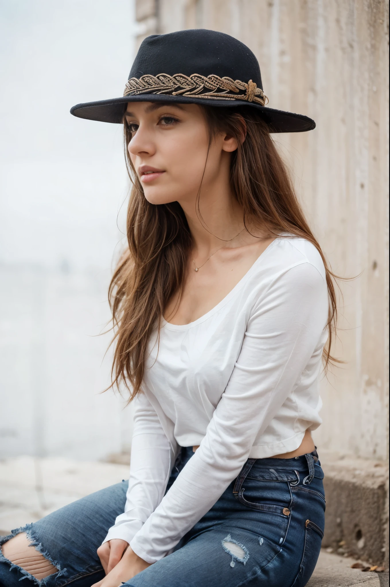 beautiful woman ,30 years old, dark bown eyes, dark brown hair, standing on a square infront of a church in mexico, wearing black jeans black tshirt nad white jeansjacket, wearing black hat, perfect face, one beautiful woman, oval face, senseful lips, big brown eyes, 30 years old, slim sporty body, middle size breast, front view, wide angle, no text, sunny weather, backgorund blurred, sefie shot, cinematic lighting, motion blur, film grain, very detailed, 30 years, natural wave hair, dark brown eyes, high-res, masterpiece, best quality, intricate details, highly detailed, sharp focus, detailed skin, realistic skin texture, texture, detailed eyes, professional, 4k, 85mm, shallow depth of field, kodak color vision, perfect fit body, extremely detailed, photo_\(ultra\), photorealistic, realistic, post-processing, maximum detail, roughness, real life, ultra realistic, photorealism, photography, 8k uhd, photography (grain of film) medium shot for closeup shot, full body, middle size breast