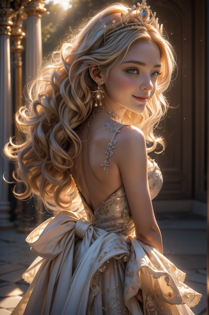 ((RAW shooting:1.5, realistic:1.5, 8K, highest quality, masterpiece, ultra high resolution)), Inside the luxurious British Royal Palace, professional camera work:1.3, Highly detailed skin and facial textures:1.3, glow light effect, Super detailed:1.3, cute 15 year old british princess, Fair skin, Glossy skin, (elegant:1.4, small face), Ultimate Cute Face:1.5, (cute eyes:0.9, looking far away), smile:1.0, (mouth slightly open:0.4, Cute mouth:0.7), double eyelid, ((super long white blonde curly hair)), tiara, necklace and earrings, ((elegantで光沢のあるサテンのプリンセスドレスをオフショルダーで正しく着こなす方法)), big breasts, cowboy shot, ((sunrise, sunlight shining from behind:1.6, Strong sunlight spreads across the screen:1.6)), ((Strong sunlight shines on a woman:1.7))