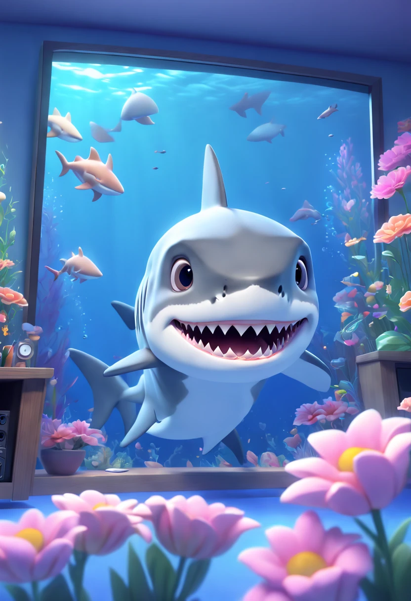 dynamic illustration of (a shark cub) watching TV program of flowers, underwater house, chibi, best quality, masterpiece, 8k