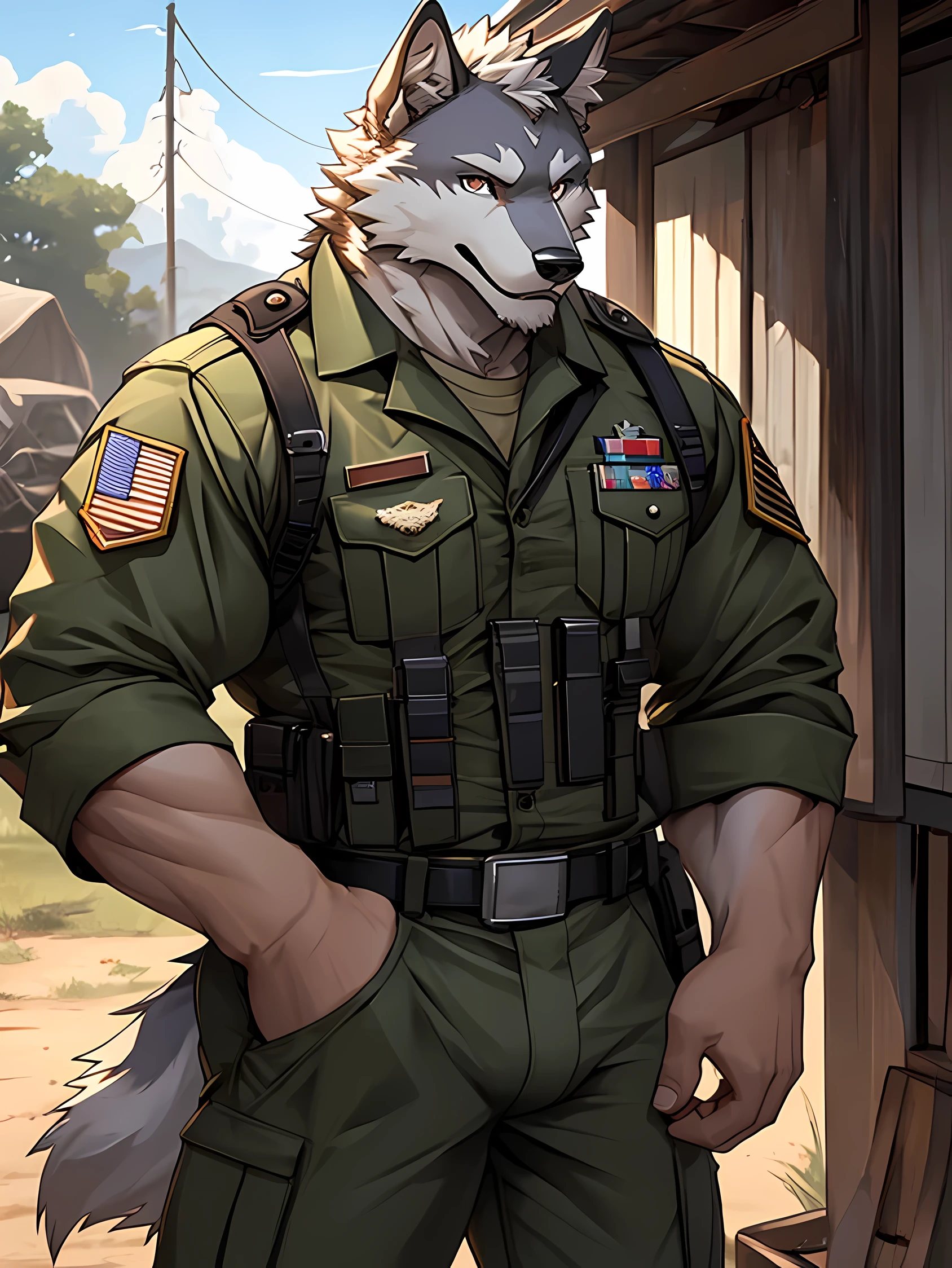 white wolf,dark brown eyes,Realistic eye details 1.5,Realistic hands 1.5,Strong body 1.2,wearing usmc dress blues alphas 2.0 ,The penis is getting hard.,The penis is sticking out of the crotch of the pants.,Ejaculate a large amount of semen. ,Looking straight at the viewer,seductive eyes,Behind is a military camp.,