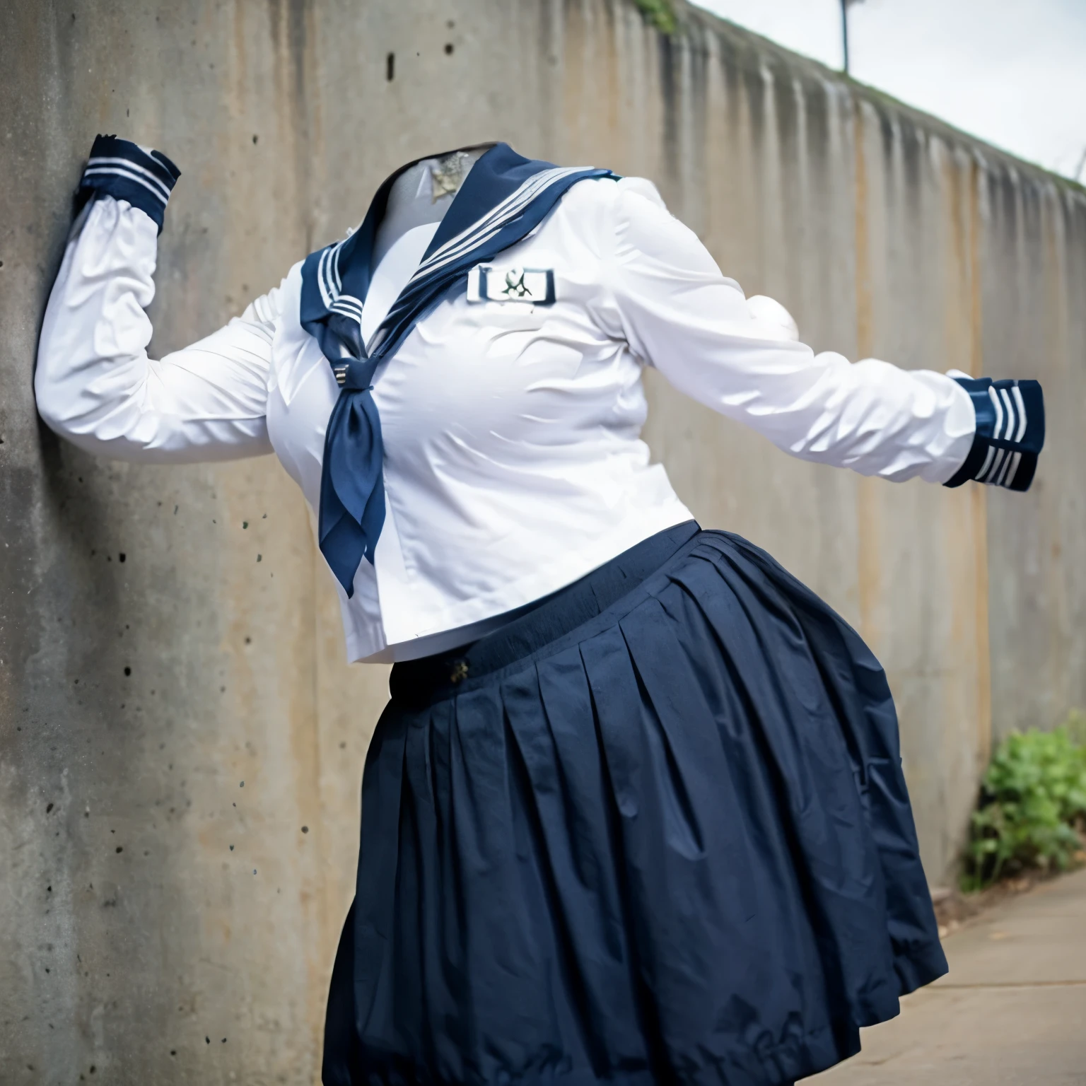 school uniform, cute pose, (invisible, no humans, headless, faceless:1.5), (close-up to breasts), cute big breasts, chubby, fat, plaid skirt, sailor suit