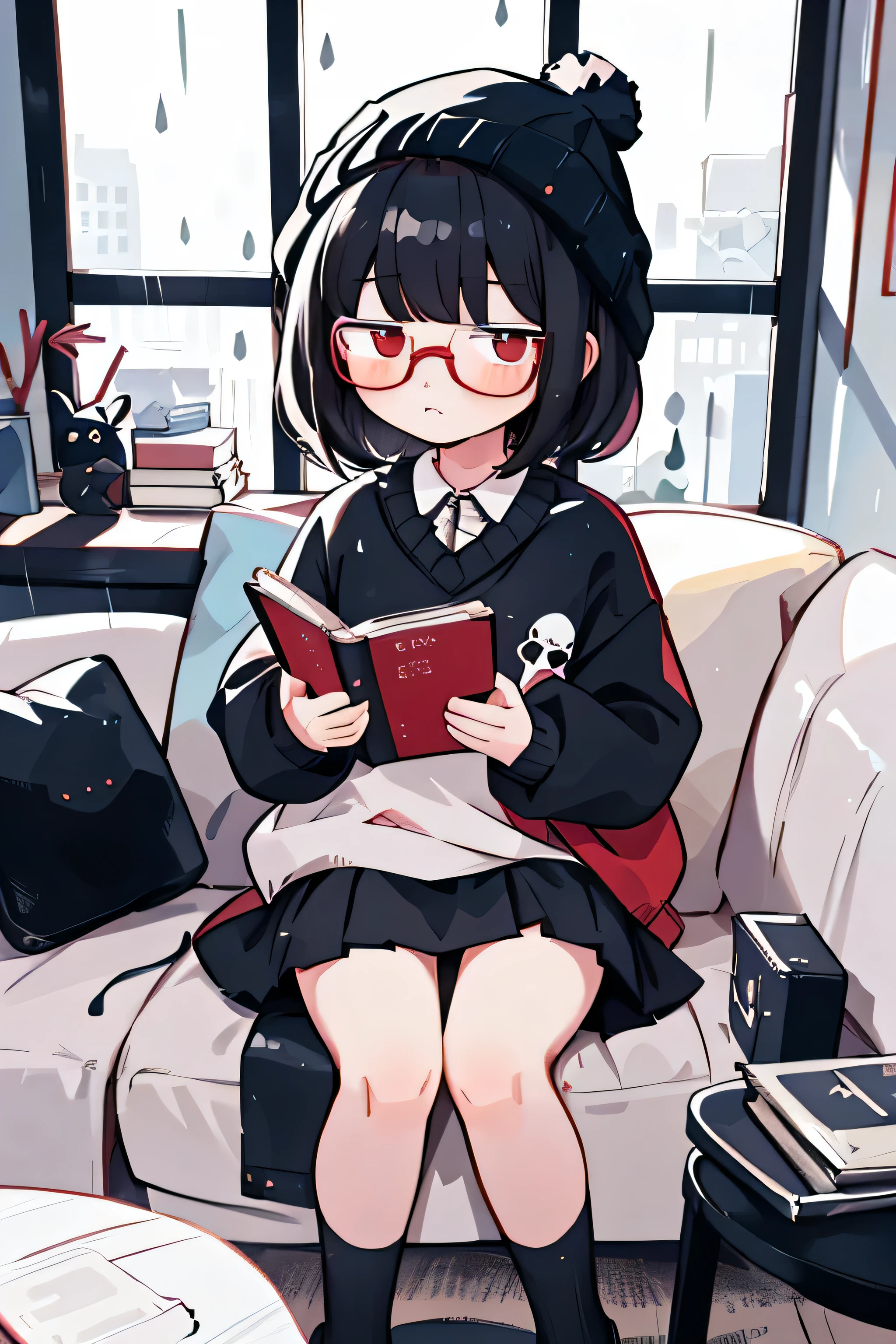 1 girl, solo, black hair, fluffy cut hair, cute little girl, red eyes, looking at viewer, sitting on a couch, raining outside, window, raining scenery window, holding book, black school sweater clothes, black beanie, short skirt, socks, (cute slippers), Round Glasses Black cozy, room, pastel colors