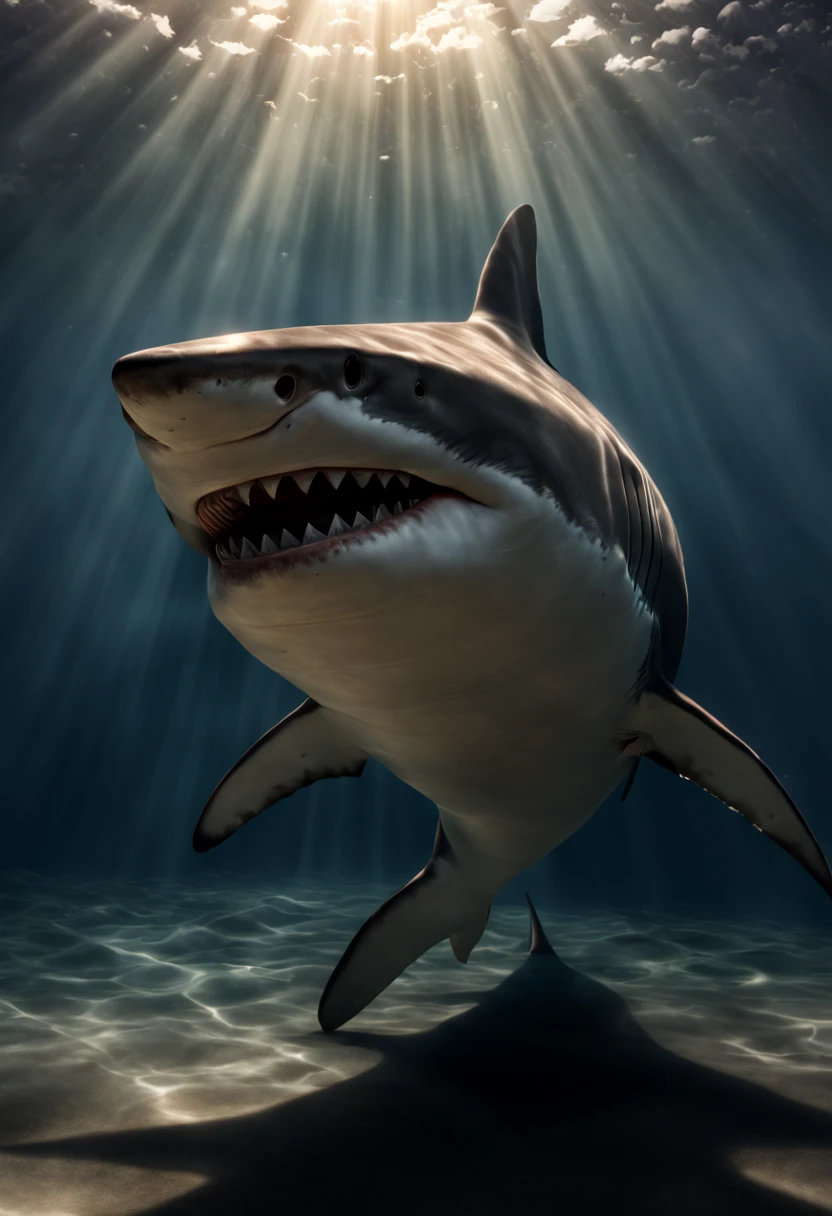 a shark, sunlight, surrealistic, Ethereal, whimsical, chiaroscuro, symmetrical, Hyperrealism, best quality, masterpiece, 8k