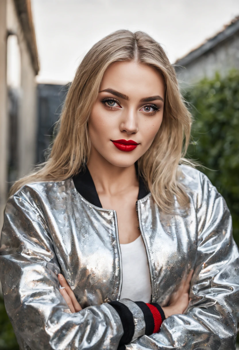 ultrarealistic high quality photo of a beautiful young busty european woman with cute face and natural blonde long straight hair and beautiful smile, realistic eyes, freckles, glossy red lips, smokey eyes makeup, casual clothes with foil bomber jacket, mugshot outdoor photography, posing in the backyard
