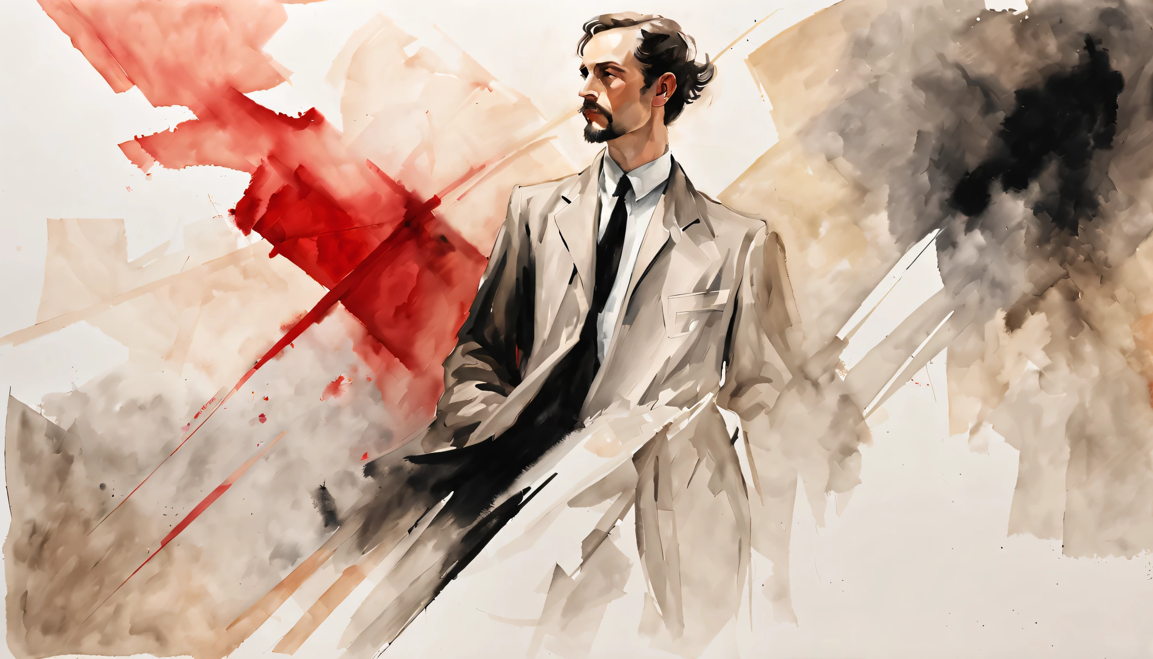  a watercolor painting inspired by a 1935 piece by Leonardo da Vinci, showcasing a slim white man standing with a black, red, and white swastika in the background. In the style of John Singer Sargent, infuse the scene with a delicate balance of realism and symbolism. Employ soft hues and gentle brushstrokes to create a thought-provoking yet ethereal atmosphere