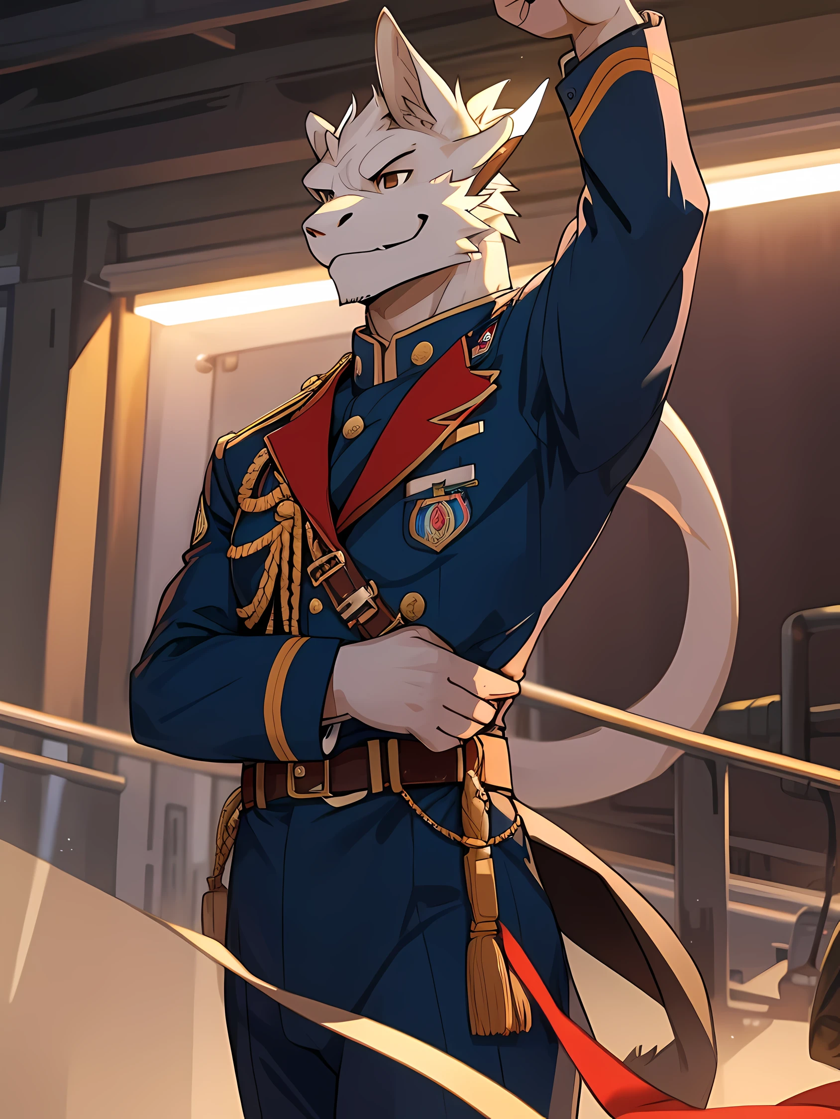 white skin dragon,dark brown eyes,Bouncing body,wear usmc dress blues alphas,Looking straight at the viewer,Face the audience.,Behind is a military camp.