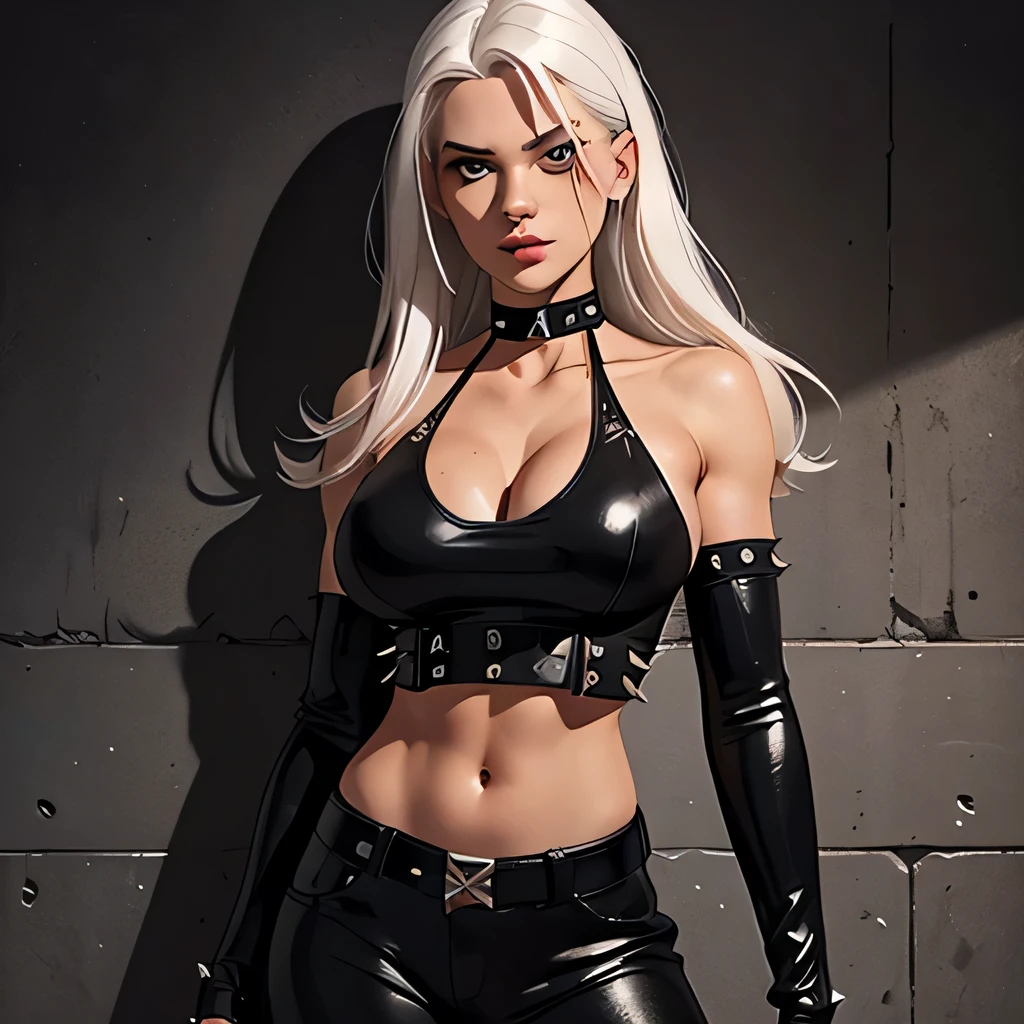 beautiful girl, military, white hair, bloody eyes, choker, cropped top, muscular abdomen, navel, black leather pants, spiked long gloves, wall, big breast