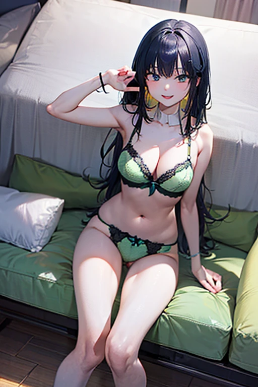 masterpiece, best quality, ((최상의 품질)), ((걸작 작품)), (상세한), 완벽한 얼굴, Black hair, blue eyes,large breast,Green Yellow lingerie, Green Yellow underwear, Green Yellow bra, sexy, smile, a hotel bedroom, cum in pussy, breast milk, sexy, bed,smile