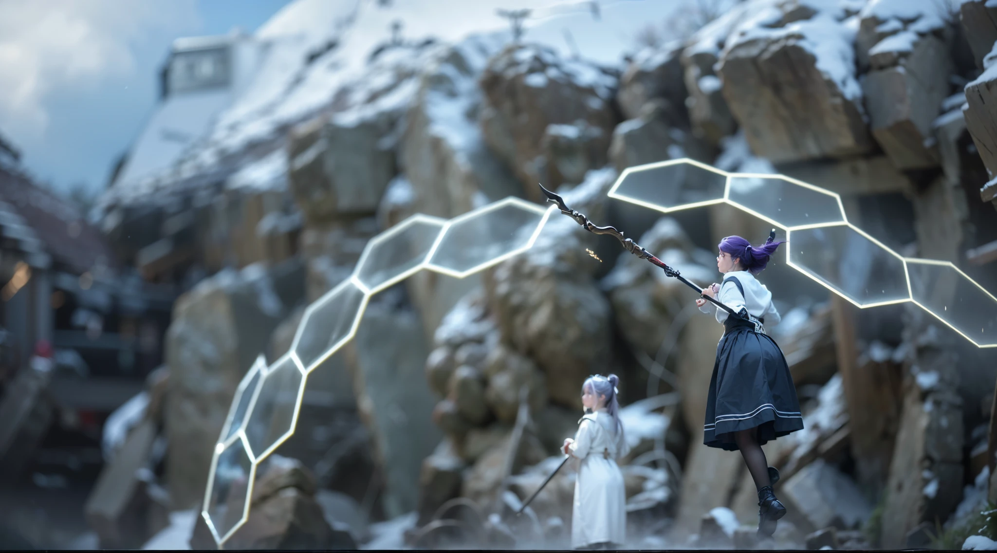 (high quality,4K,8K,High resolution,masterpiece:1.2),super detailed,(realistic,photorealistic,photo-realistic:1.37)、wooden cane、Dome of Light、female２people、backwards、combat with monster、In combat、battle scene、snowfield、rocky place、purple hair、Silver hair、floating in the air
