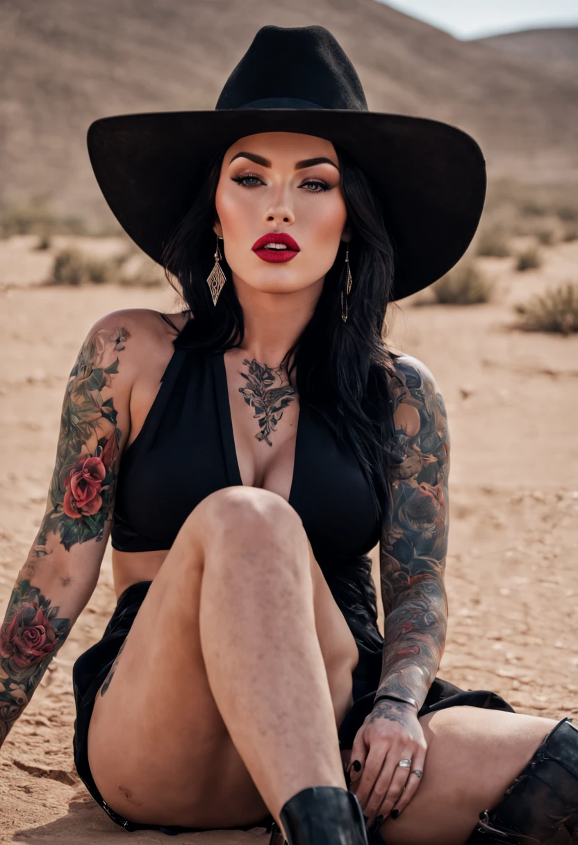 ((best quality)), ((masterpiece)), (circumstance), perfect face, puffy woman in a black hat and linger sitting in a desert, a portrait of alessandra sanginetti,, (Megan Fox) with her characteristic tattoos, Glamor photography, 4k HDR 10+, cowgirl in the desert, beautiful mexican woman, very attractive woman with black hair, in the desert, in a desert, Megan fox queen of witches, curvy model, woman with tattoos