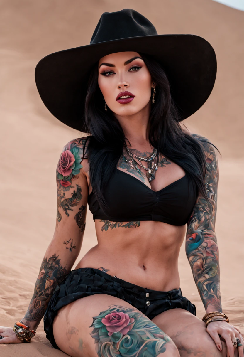 ((best quality)), ((masterpiece)), (circumstance), perfect face, puffy woman in a black hat and linger sitting in a desert, a portrait of alessandra sanginetti,, (Megan Fox) with her characteristic tattoos, Glamor photography, 4k HDR 10+, cowgirl in the desert, beautiful mexican woman, very attractive woman with black hair, in the desert, in a desert, Megan fox queen of witches, curvy model, woman with tattoos