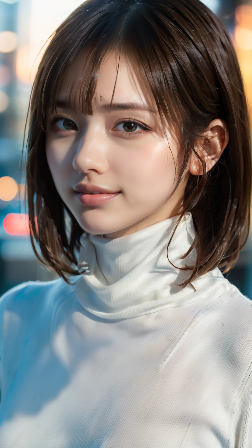 1 girl,(white turtleneck sweater:1.4),(RAW photo, highest quality), (realistic, Photoreal:1.4), table top, very delicate and beautiful, very detailed, 8k wallpaper, wonderful, finely, very detailedCGユニティ, High resolution, soft light, Beautiful detailed 19 year old girl, very detailed目と顔, beautifully detailed nose, beautiful and fine eyes,cinematic lighting,city light at night,perfect anatomy,slender body,smile (hair is dirty, asymmetrical bangs, light brown hair,)