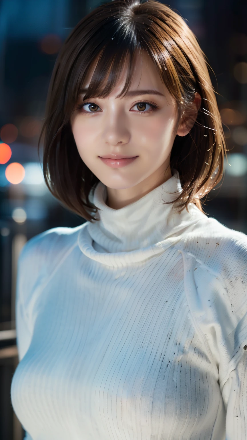 1 girl,(white turtleneck sweater:1.4),(RAW photo, highest quality), (realistic, Photoreal:1.4), table top, very delicate and beautiful, very detailed, 8k wallpaper, wonderful, finely, very detailedCGユニティ, High resolution, soft light, Beautiful detailed 19 year old girl, very detailed目と顔, beautifully detailed nose, beautiful and fine eyes,cinematic lighting,city light at night,perfect anatomy,slender body,smile (hair is dirty, asymmetrical bangs, light brown hair,)