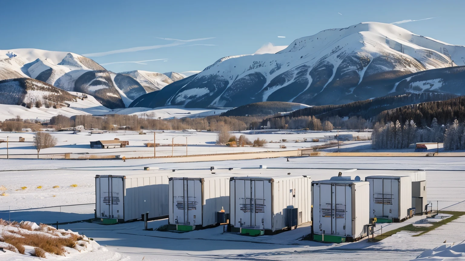 several Battery Energy storage system ( in 20 ft white color containers) in greener ground. in the background mountains with peak covered in snow. solar panels, high voltage power line and wind turbines also visible in the background. highly realistic