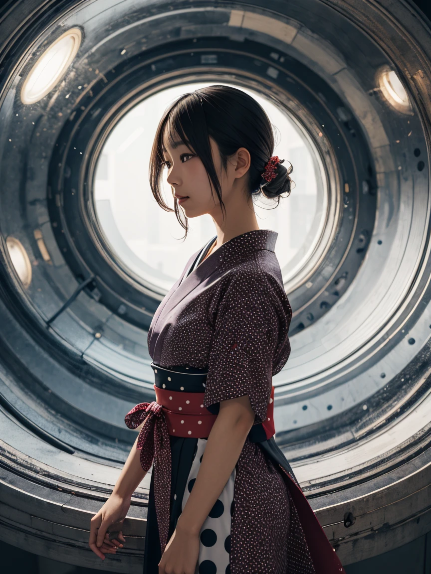 an abstract image of a japanese girl centered around polka dot theme
