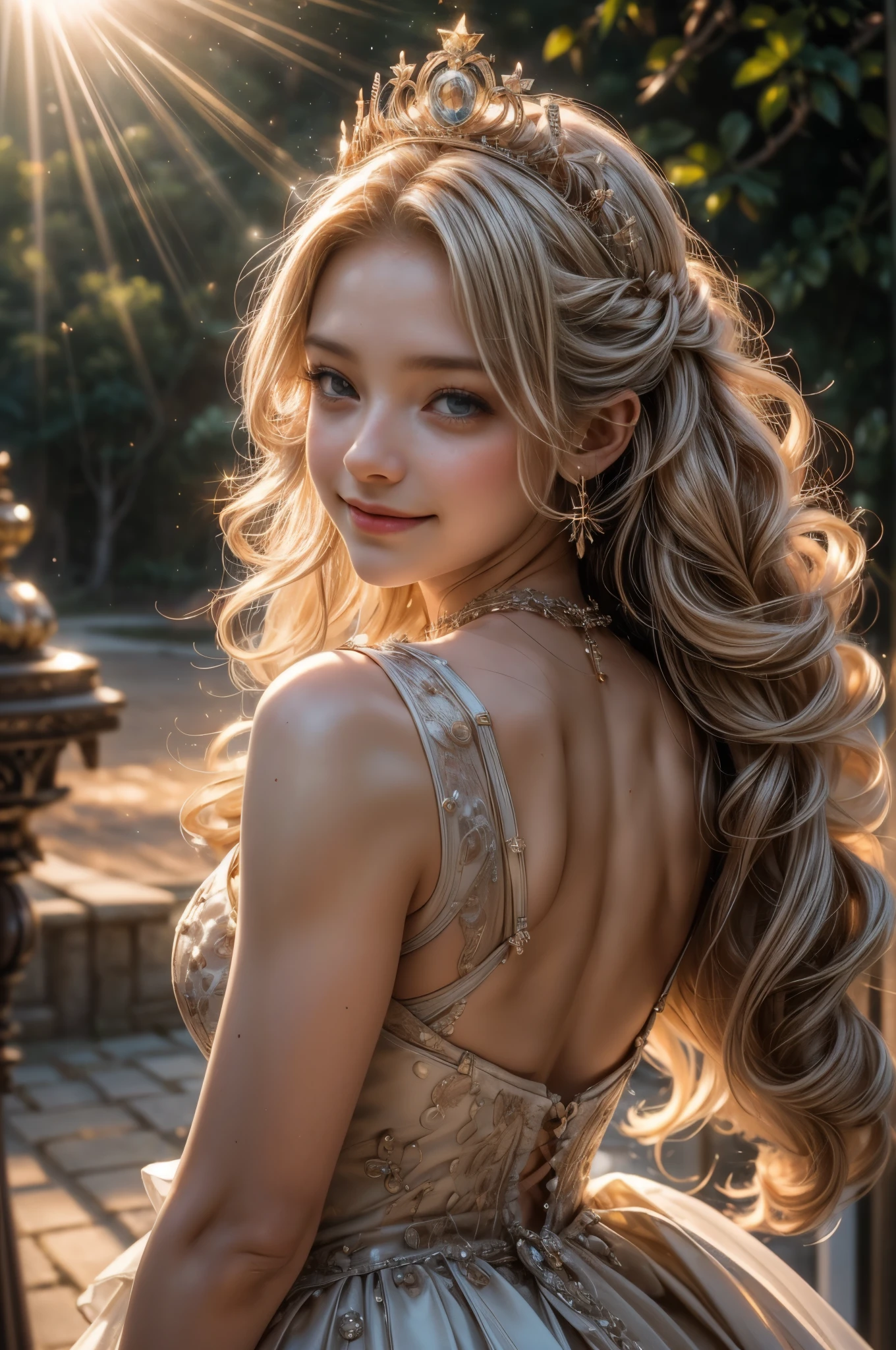 ((RAW shooting:1.5, realistic:1.5, 8K, highest quality, masterpiece, ultra high resolution)), Inside the luxurious British Royal Palace, professional camera work:1.3, Highly detailed skin and facial textures:1.3, glow light effect, Super detailed:1.3, cute  british princess, Fair skin, Glossy skin, (elegant:1.4, small face), Ultimate Cute Face:1.5, (cute eyes:0.9, looking far away), smile:1.0, (mouth slightly open:0.4, Cute mouth:0.7), double eyelid, ((super long white blonde curly hair)), tiara, necklace and earrings, ((elegantで光沢のあるサテンのプリンセスドレスをオフショルダーで正しく着こなす方法)), big breasts, cowboy shot, ((sunrise, sunlight shining from behind:1.6, Strong sunlight spreads across the screen:1.6)), ((Strong sunlight shines on a woman:1.7))