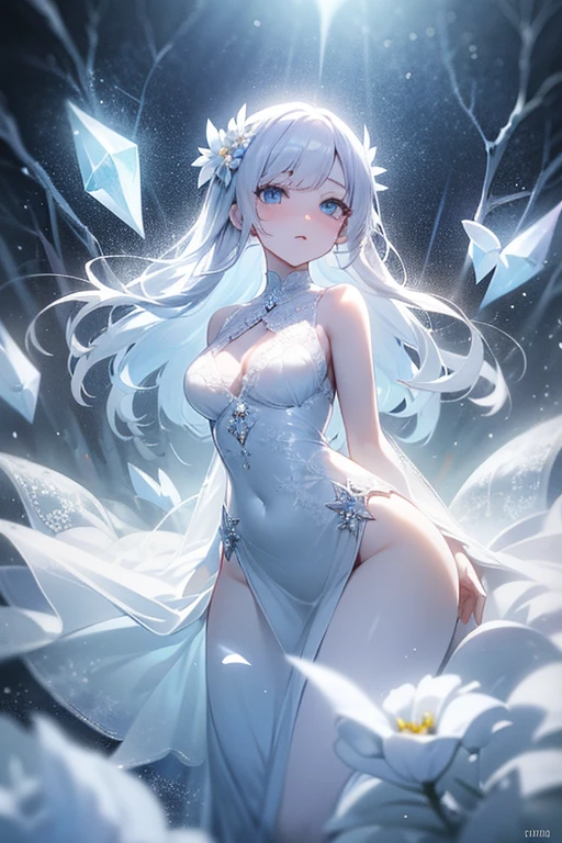 Paradise in Heaven, White lighting,(muste piece), (best quality), (cinematic), 8K, (art station),(長いwhite hairとSilvery eyesを持つ1人の女), (beautiful delicate face)、[Frozen trees々], [landscape crystal], [lighting], [Ethereal Atmosphere:1.1], [fantasy, short story] ,[soft なlighting] 、(+cinematic shot:1.2)、 [+art station] 、[+luminous white background] 、 [soft glow] 、(Creative and dynamic angles:1.3), [+Crystal Toning] 、muste piece, very detailed, Super detailed, solo, (pale skin), Silvery eyes, white hair, (snow background), (snowflake rosen flower:1.0), (shining crystal), (Snowy ground), (White lashes), sexy woman、dreamy and detailed, Gorgeous setting, 妖しい雰囲気 muste piece, The most beautiful scenes, majestic、(((full of white flowers)))、quiet and serene atmosphere、attractive, all white tones,Inside the crystal library,Transparent flowers and falling snow，Many white roses are planted,(water flowing,waterfall,water bloom),The decoration is also carefully done.,dream（very detailedです，creative design，crisp and precise lines，K HD，best quality，master piece，超High resolution，In 4K）、Diverse poses、((beautiful white flower hair ornament))、beautiful hairstyle、(best quality, In 4K, 8K, High resolution, muste piece:1.2), Super detailed, detailed expression, graceful posture, expressive brush strokes, mysterious atmosphere, artistic interpretation,Delicate floral jewelry， (((Detailed design、beautiful lace transparent dress、see-through small dress)))、(SFW:1.5), (oversized breasts, best body proportions, proportions of large breasts,:1.5),(white decoration on thigh)、((Beautiful crystal accessories on the legs))。((Beautiful crystal accessories on the arm))