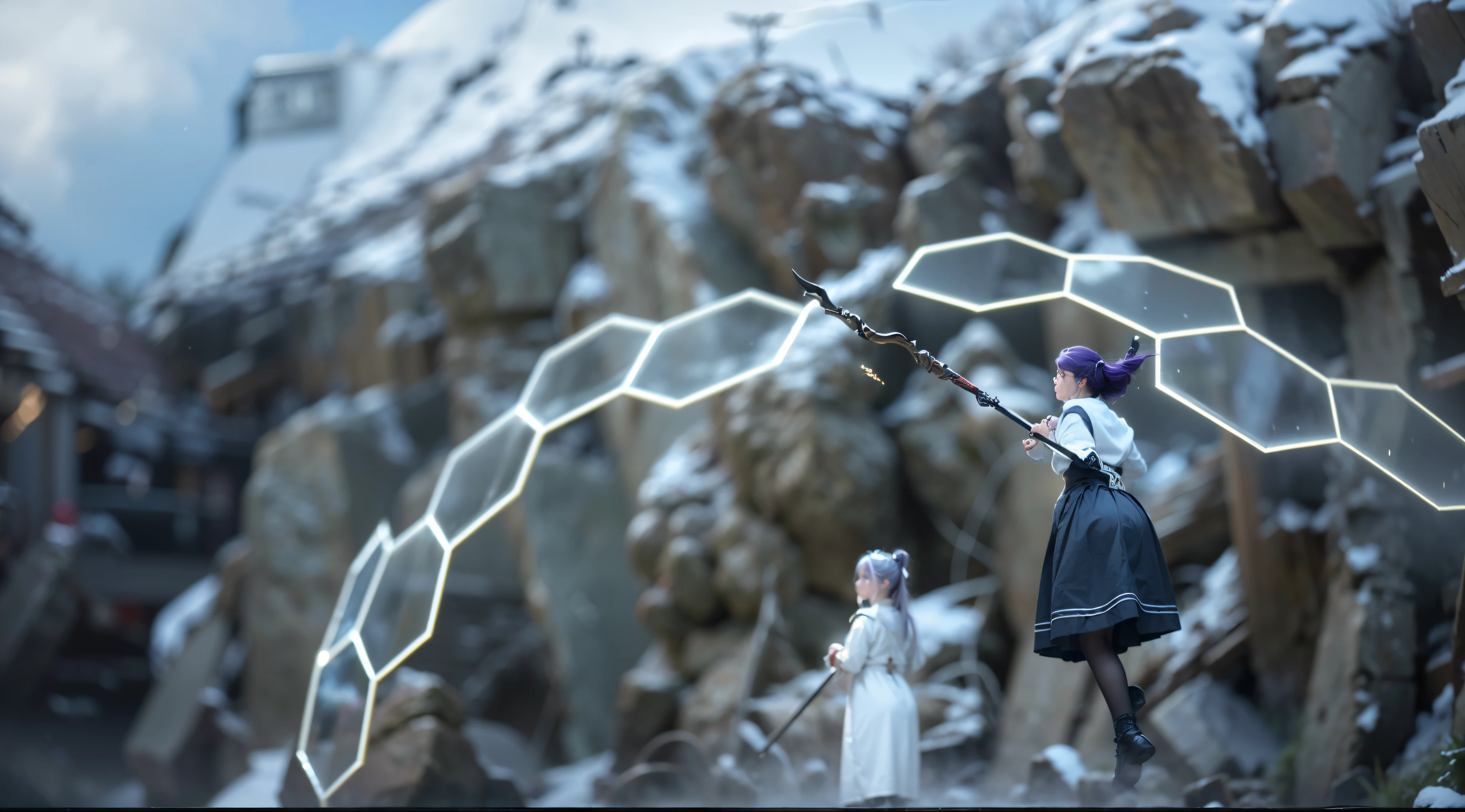 (high quality,4K,8K,High resolution,masterpiece:1.2),Super detailed,(realistic,photorealistic,photo-realistic:1.37)、wooden cane、Dome of Light、woman２people々、backwards、combat with monster、In combat、battle scene、snowfield、rocky place、purple hair、silver hair、floating in the air
