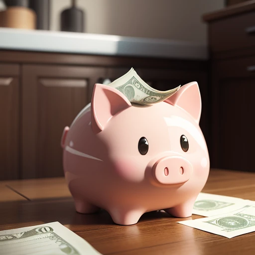 on a large green meadow there is a thick piggy bank from which half a credit card peeks out from the top and banknotes and coins are scattered around it