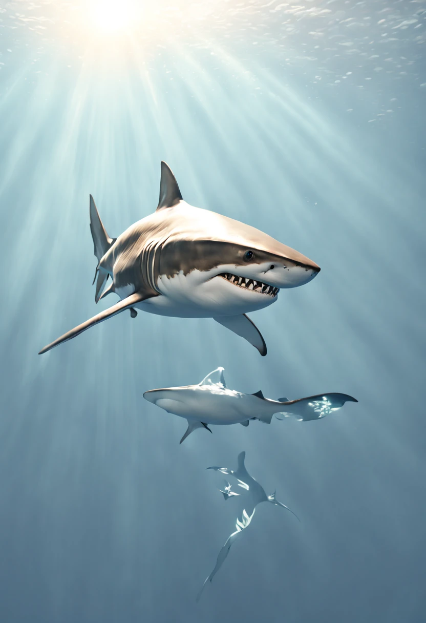 a shark, sunlight, surrealistic, Ethereal, whimsical, Hyperrealism, (realistic, photorealistic, RAWphoto:1.4), octane render, intricate, (best quality, masterpiece, Representative work, official art, Professional, 8k wallpaper:1.3)