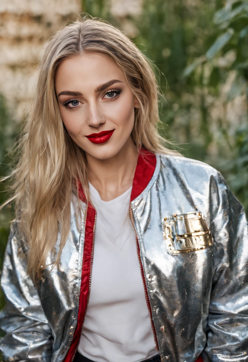 ultrarealistic high quality photo of a beautiful young busty european woman with cute face and natural blonde long straight hair and beautiful smile, realistic eyes, freckles, glossy red lips, smokey eyes makeup, casual clothes with foil bomber jacket, mugshot outdoor photography, posing in the backyard