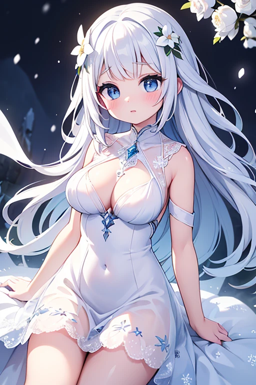 Paradise in Heaven, White lighting,(muste piece), (best quality), (cinematic), 8K, (art station),(長いwhite hairとSilvery eyesを持つ1人の女), (beautiful delicate face)、[Frozen trees々], [landscape crystal], [lighting], [Ethereal Atmosphere:1.1], [fantasy, short story] ,[soft なlighting] 、(+cinematic shot:1.2)、 [+art station] 、[+luminous white background] 、 [soft glow] 、(Creative and dynamic angles:1.3), [+Crystal Toning] 、muste piece, very detailed, Super detailed, solo, (pale skin), Silvery eyes, white hair, (snow background), (snowflake rosen flower:1.0), (shining crystal), (Snowy ground), (White lashes), sexy woman、dreamy and detailed, Gorgeous setting, 妖しい雰囲気 muste piece, The most beautiful scenes, majestic、(((full of white flowers)))、quiet and serene atmosphere、attractive, all white tones,Inside the crystal library,Transparent flowers and falling snow，Many white roses are planted,(water flowing,waterfall,water bloom),The decoration is also carefully done.,dream（very detailedです，creative design，crisp and precise lines，K HD，best quality，master piece，超High resolution，In 4K）、Diverse poses、((beautiful white flower hair ornament))、beautiful hairstyle、(best quality, In 4K, 8K, High resolution, muste piece:1.2), Super detailed, detailed expression, graceful posture, expressive brush strokes, mysterious atmosphere, artistic interpretation,Delicate floral jewelry， (((Detailed design、beautiful lace transparent dress、see-through small dress)))、(SFW:1.5), (oversized breasts, best body proportions, proportions of large breasts,:1.5),(white decoration on thigh)、((Beautiful crystal accessories on the legs))。((Beautiful crystal accessories on the arm))
