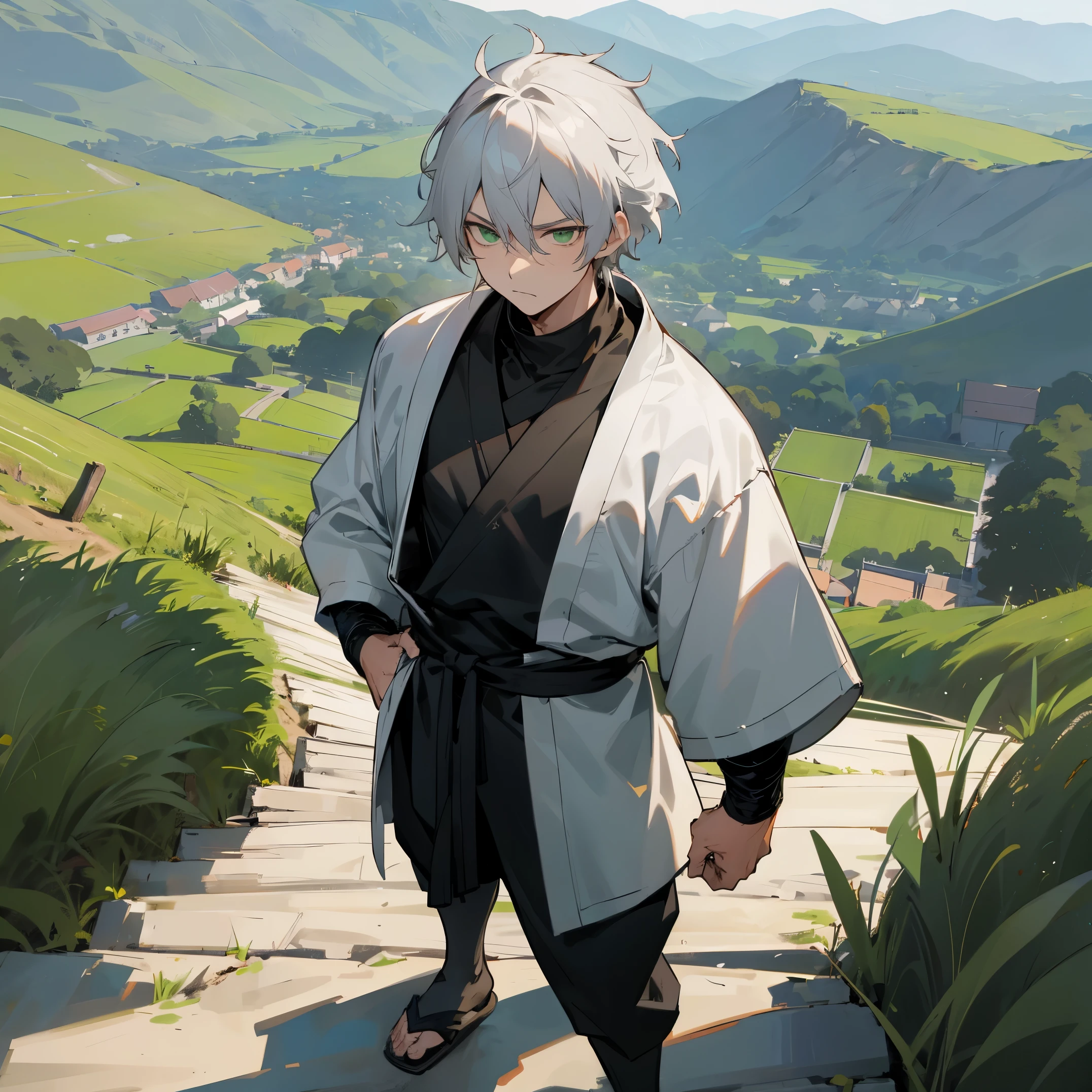 1male , Light Grey Hair , Serious Expression , Tired Eyes , Lean Build , Ninja Clothing , Black Longsleeve , Green Eyes , Standing on Path , Village Background , Adult Male