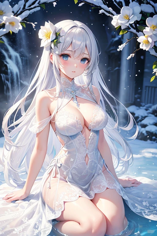 Paradise in Heaven, White lighting,(muste piece), (best quality), (cinematic), 8K, (art station),(長いwhite hairとSilvery eyesを持つ1人の女), (beautiful delicate face)、[Frozen trees々], [landscape crystal], [lighting], [Ethereal Atmosphere:1.1], [fantasy, short story] ,[soft なlighting] 、(+cinematic shot:1.2)、 [+art station] 、[+luminous white background] 、 [soft glow] 、(Creative and dynamic angles:1.3), [+Crystal Toning] 、muste piece, very detailed, Super detailed, solo, (pale skin), Silvery eyes, white hair, (snow background), (snowflake rosen flower:1.0), (shining crystal), (Snowy ground), (White lashes), sexy woman、dreamy and detailed, Gorgeous setting, 妖しい雰囲気 muste piece, The most beautiful scenes, majestic、(((full of white flowers)))、quiet and serene atmosphere、attractive, all white tones,Inside the crystal library,Transparent flowers and falling snow，Many white roses are planted,(water flowing,waterfall,water bloom),The decoration is also carefully done.,dream（very detailedです，creative design，crisp and precise lines，K HD，best quality，master piece，超High resolution，In 4K）、Diverse poses、((beautiful white flower hair ornament))、beautiful hairstyle、(best quality, In 4K, 8K, High resolution, muste piece:1.2), Super detailed, detailed expression, graceful posture, expressive brush strokes, mysterious atmosphere, artistic interpretation,Delicate floral jewelry， (((Detailed design、beautiful lace transparent dress、see-through small dress)))、(SFW:1.5), (oversized breasts, best body proportions, proportions of large breasts,:1.5),(white decoration on thigh)、((Beautiful crystal accessories on the legs))。((Beautiful crystal accessories on the arm))