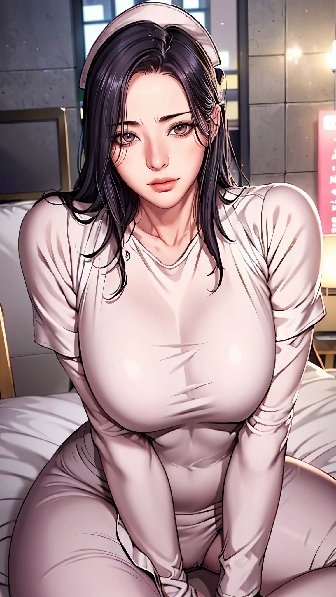 （（（black hair,tie hair，Exposing bangs， amber eyes, thick upper lip and pointed nose,（（（danya，manhwa，girl，sexy，woman，anime，(nurse costume:1.2), pink ribbons, Pink nurse's uniform））），（（（wide hips））），S-shaped body:1.7））），((masterpiece)),high resolution, ((Best quality at best))，masterpiece，quality，Best quality，（（（ Exquisite facial features，looking at the audience,There is light in the eyes，lol，blush，shy ））），（（（Light and shadow interlace，huge ））），（（（from below，Lie on the glass，spread legs，camel toe，hospital background）））