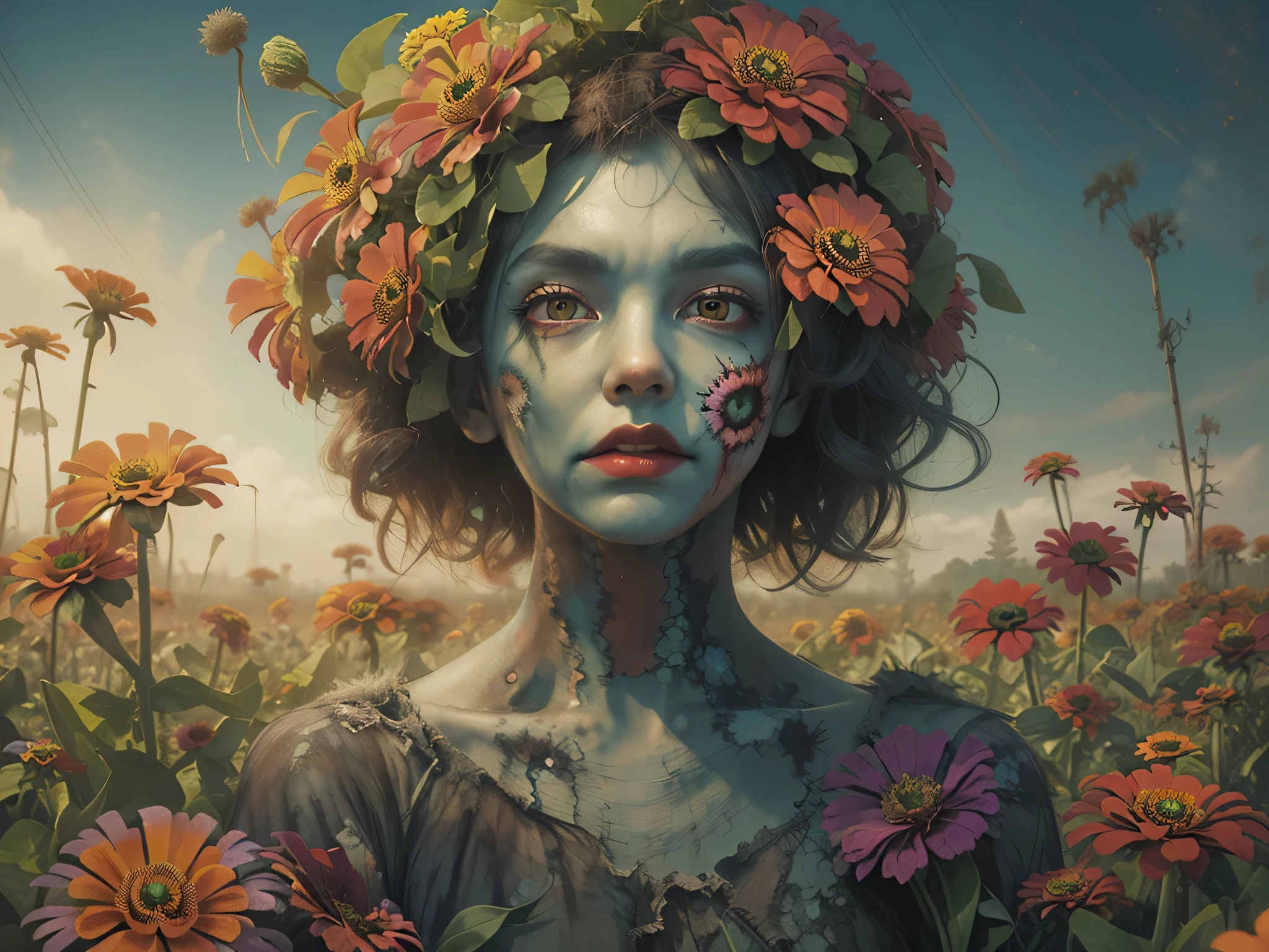 painting of a ((zombie-woman:1.1)) with ((Zinnia:1.1)) flowers in her hair in a field, beeple and jeremiah ketner, beautiful art uhd 4 k, artgerm julie bell beeple, flower goddess, a goddess in a field of flowers, flower storm portrait, flower queen, detailed painting 4 k, 4k highly detailed digital art, tom bagshaw artstyle, ((photorealistic:1.2))
