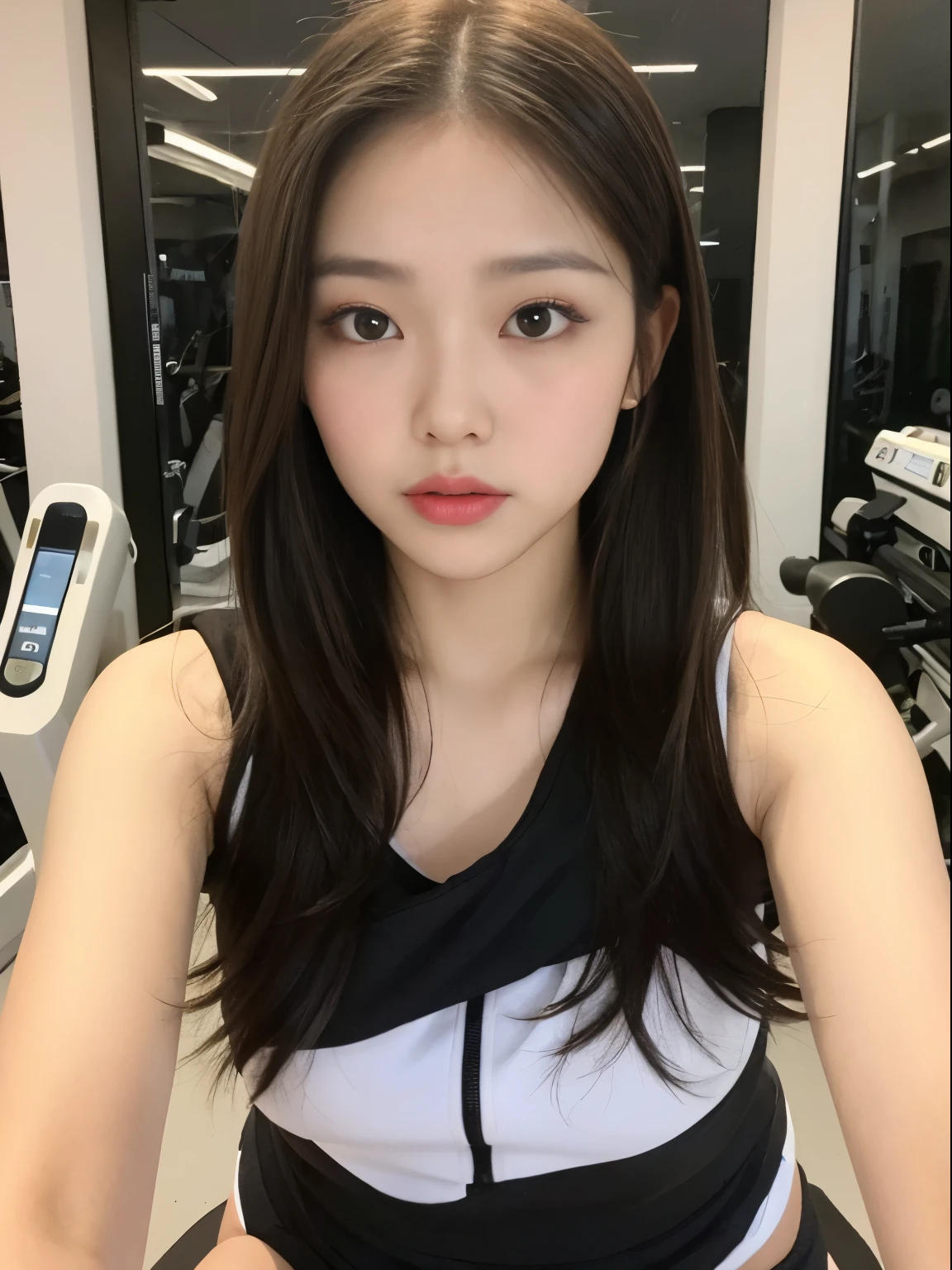 (girl:1.6),(roller:russian doll:0.3),(roller:TaiwanDoll:0.3),(highest quality, 8K, masterpiece:1.3), focus 1.2, perfect body beauty: 1.4, Highly detailed face and skin texture, fine eyes, double eyelid, Whitening skin, long hair, (round face: 1.5), Fitness Equipment, running machine, arm force machine, sit-ups exercise, short skirt, Crunch, translucent panties