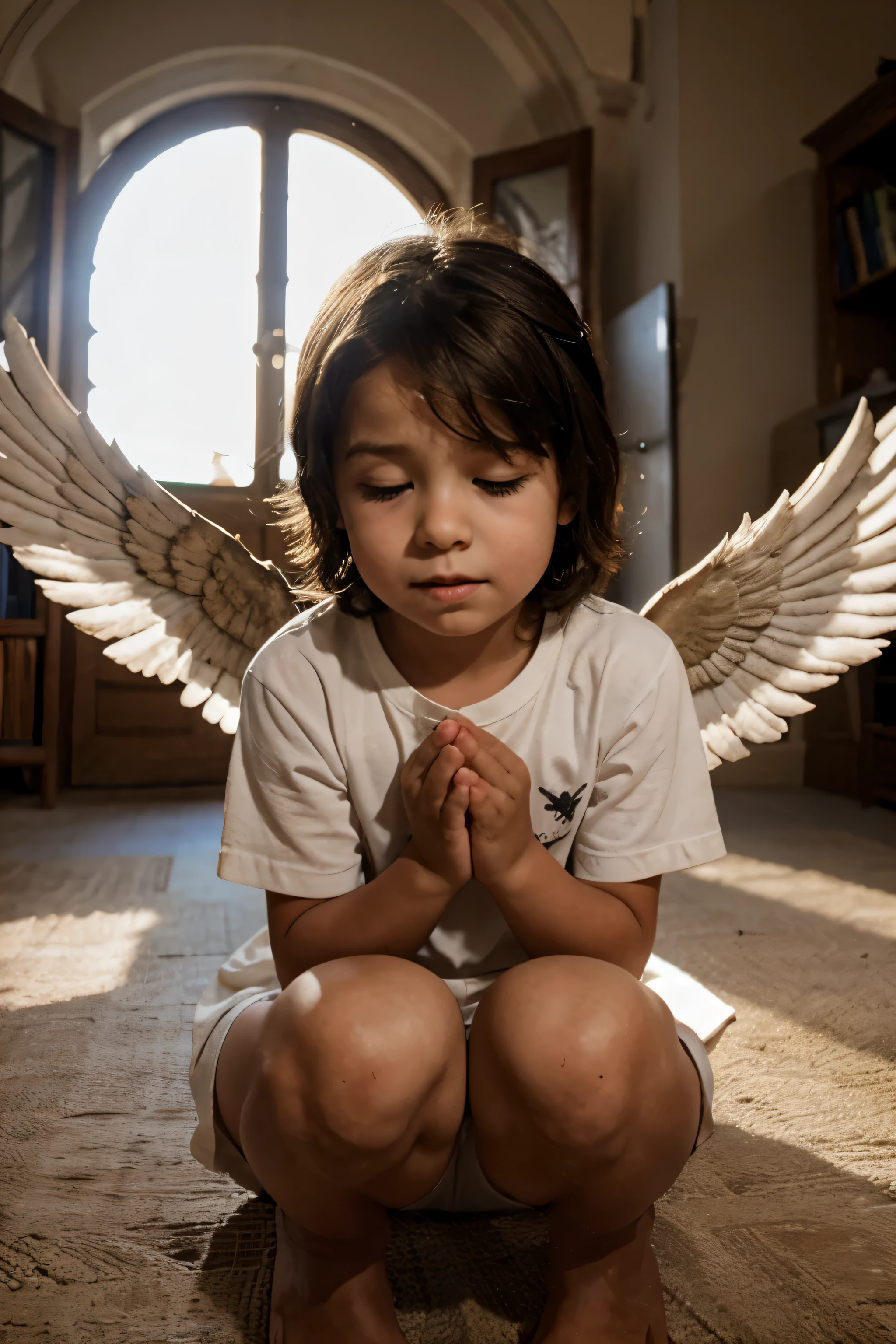 A child praying with his eyes open with angel wings