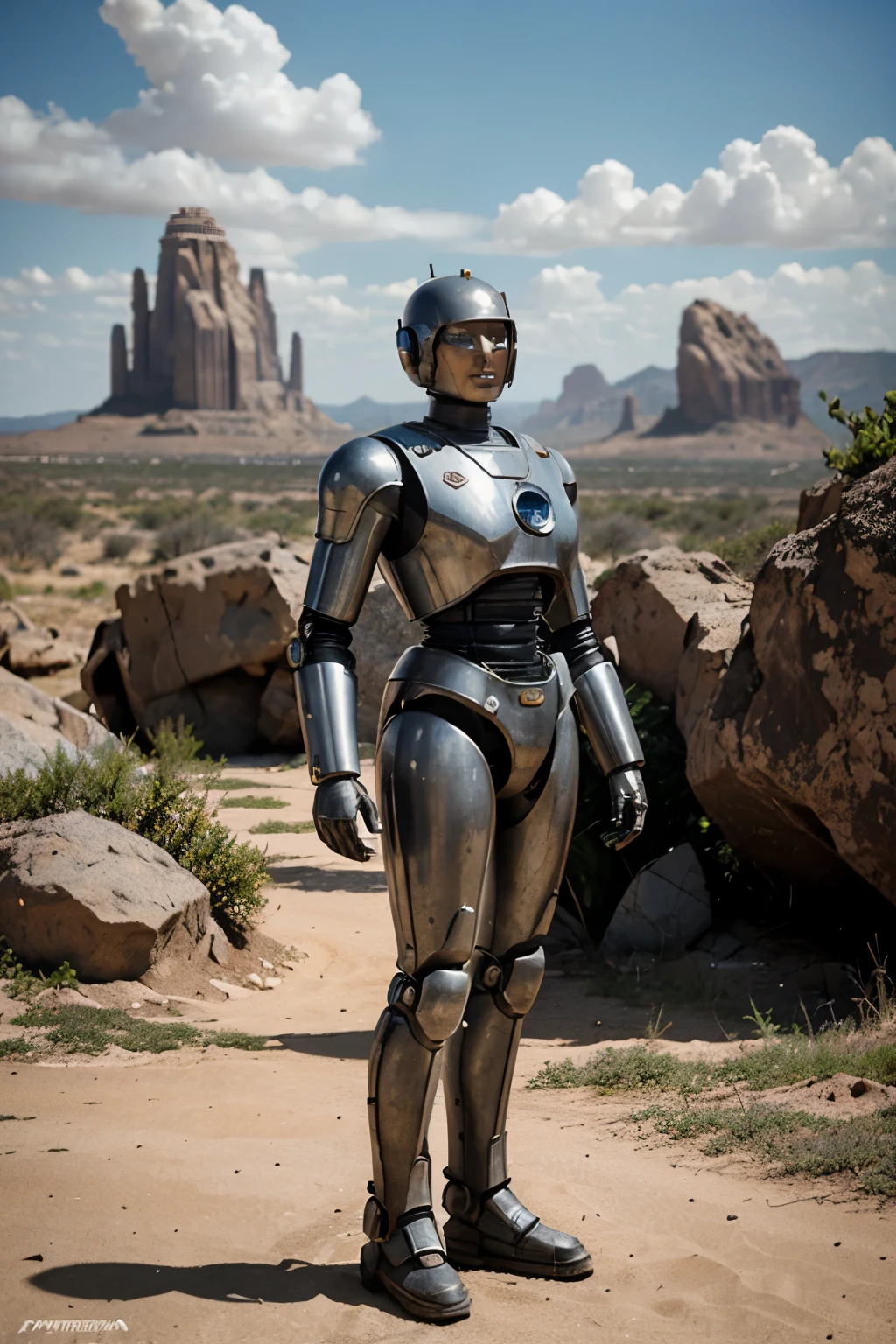 Robot from an old science fiction film from the 1940s in the setting of a planet with sky, plants and rocks. cinematographic, vintage, retro, Valves, rebites, ferro enferrujado.